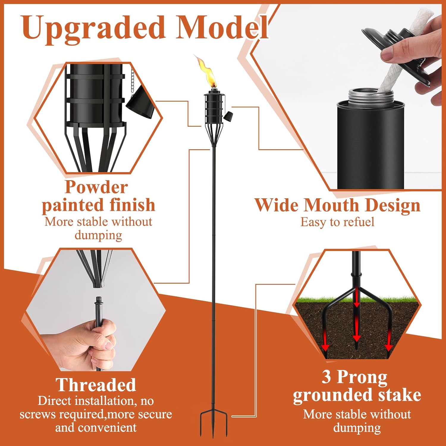 Upgraded Citronella Garden Torch Set of 6, Large Capacity 16oz Metal Torch for Outside, 59.5 Inch Black Home Torches with 3-Prong Grounded Stake,Metal Flame Torch Light for Party Patio Pathway