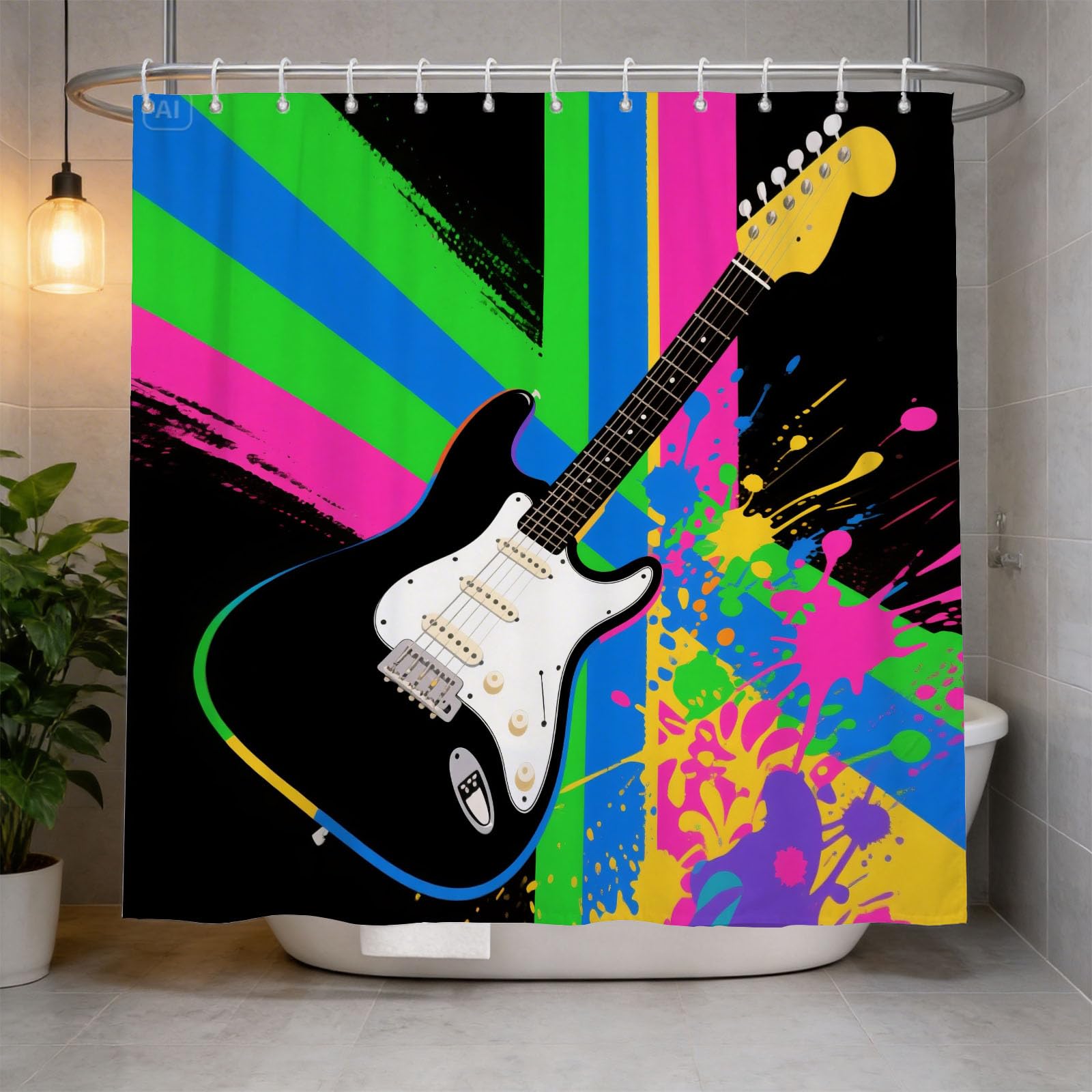 Hongduo 3D Electric Guitar Shower Curtain for Stalls Bathtubs Rock Instrument Bathroom Decor Shower Curtain Set Polyester Fabric Waterproof 180x200cm/71X79 Inch with Hooks