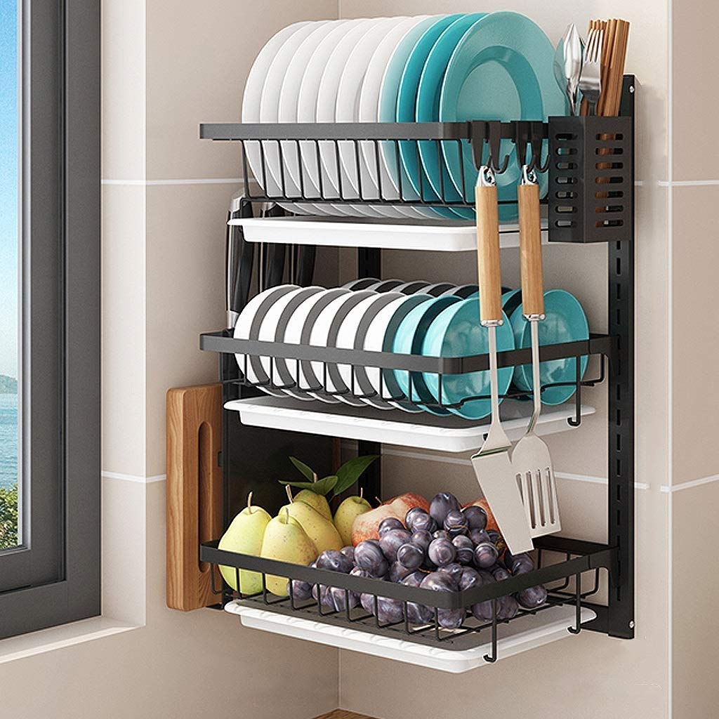 Escurridor de Platos de Cocina de Tres Niveles para Montaje en Pared, de Acero Inoxidable con Bandeja de Drenaje, Soporte/Gancho para Cuchillos y Palillos, sin Perfo,