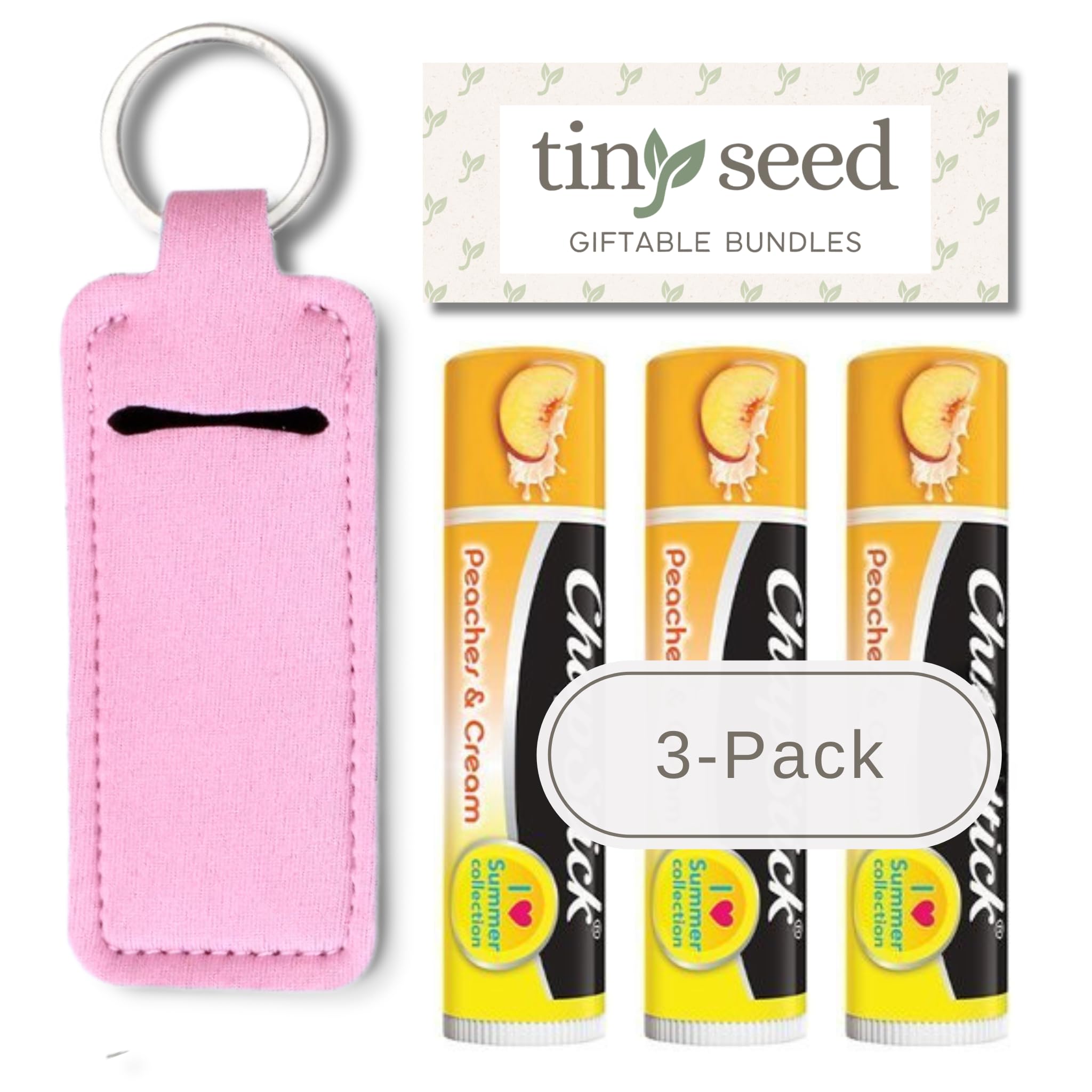 Set mit 3 Lippenbalsam in Pfirsich- und Creme-Geschmack, plus Lippenbalsam-Halter, Schlüsselanhänger. Limitierte Auflage, Geschmack aus der I Love Summer Kollektion, einzigartiges Geschenkpaket von