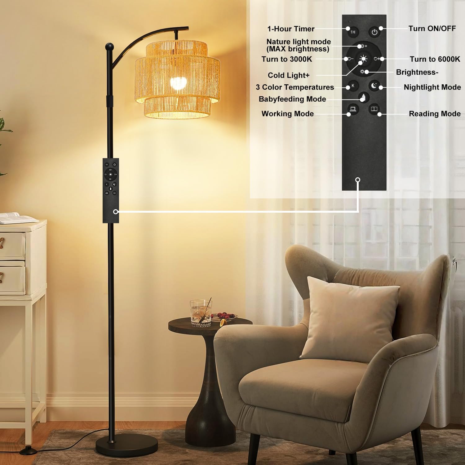 Boho Floor Lamp Rattan 3 Color Temperatures, Dimmable Adjustable Height Long Lasting, Arc Floor Lamps Boho with Remote Control, Standing Lamp with Foot Switch for Living Room, Bedroom