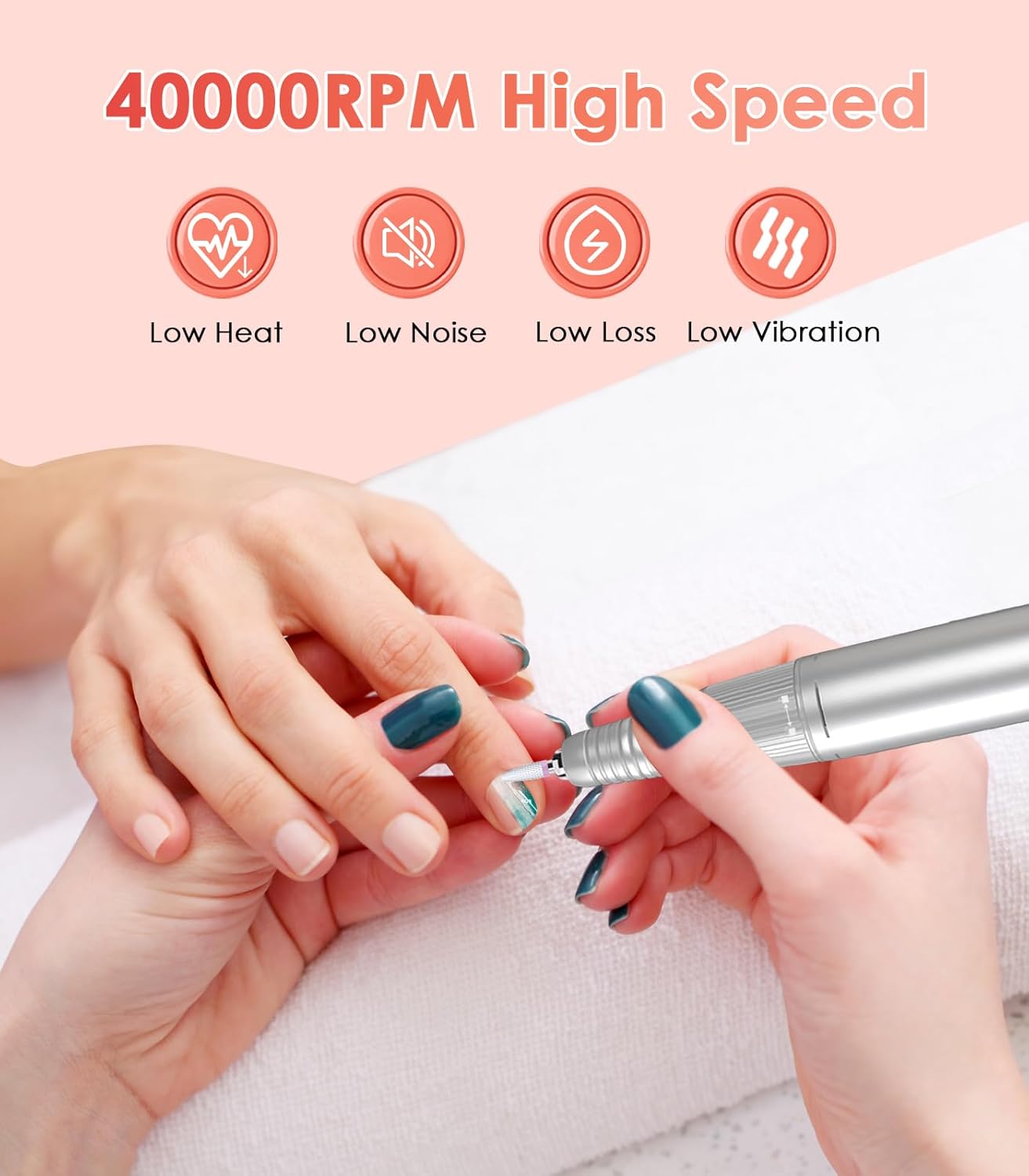 Portable Electric Nail Drill File: 40000RPM Professional Nail Drill with Bits & Base, Pink Diamond Rechargeable Nail E File Machine for Remover Gel Nail Polish Acrylic Nails Manicure for Salon Home