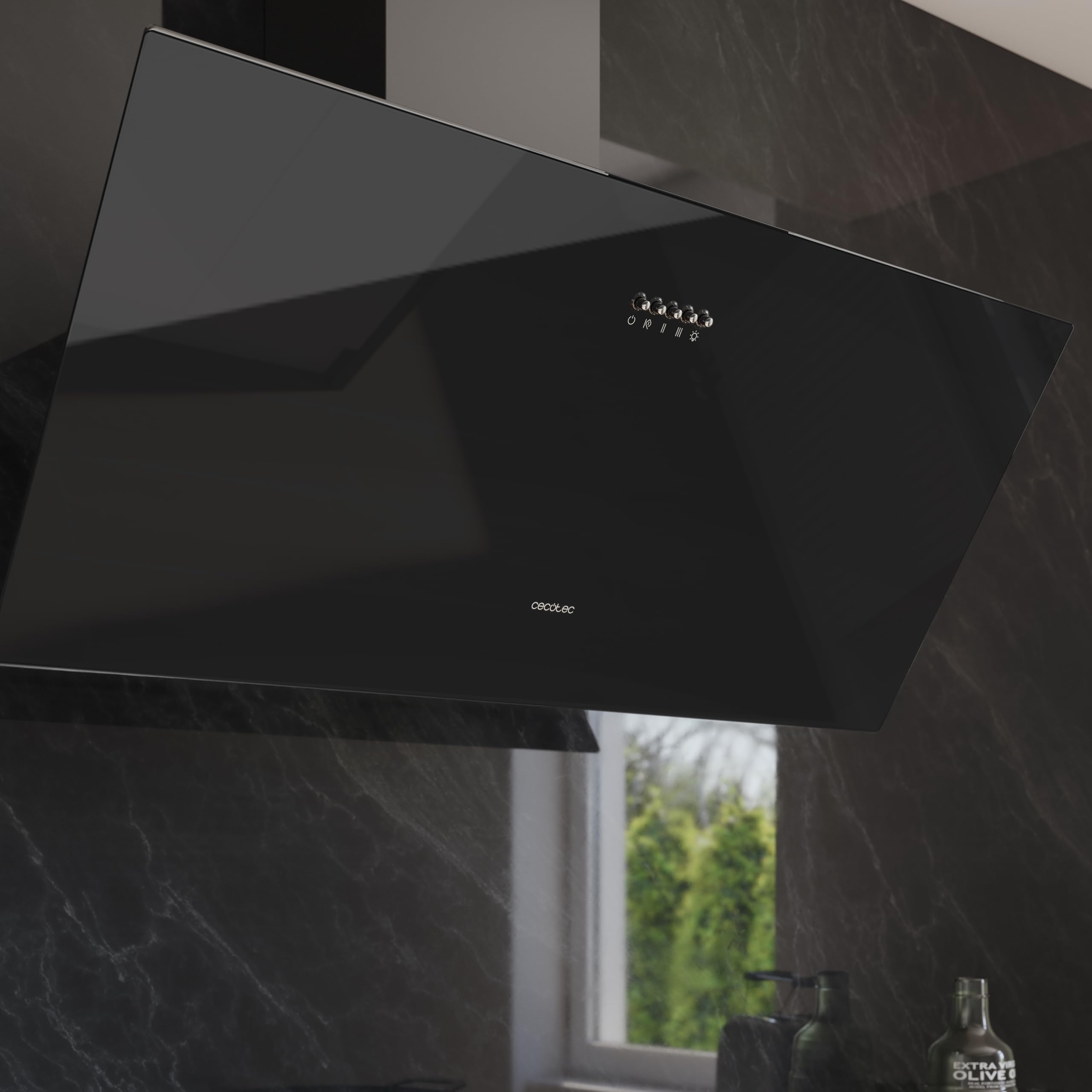 Cecotec Cappa Decorativa 90 cm Bolero Flux DM 906500 Glass Black A. Motore 165W, Basso Consumo, Fronte Vetro Nero, Aspirazione 650m³/h, Controllo Meccanico, 3 Livelli Potenza, Filtro a Carboni Attivi