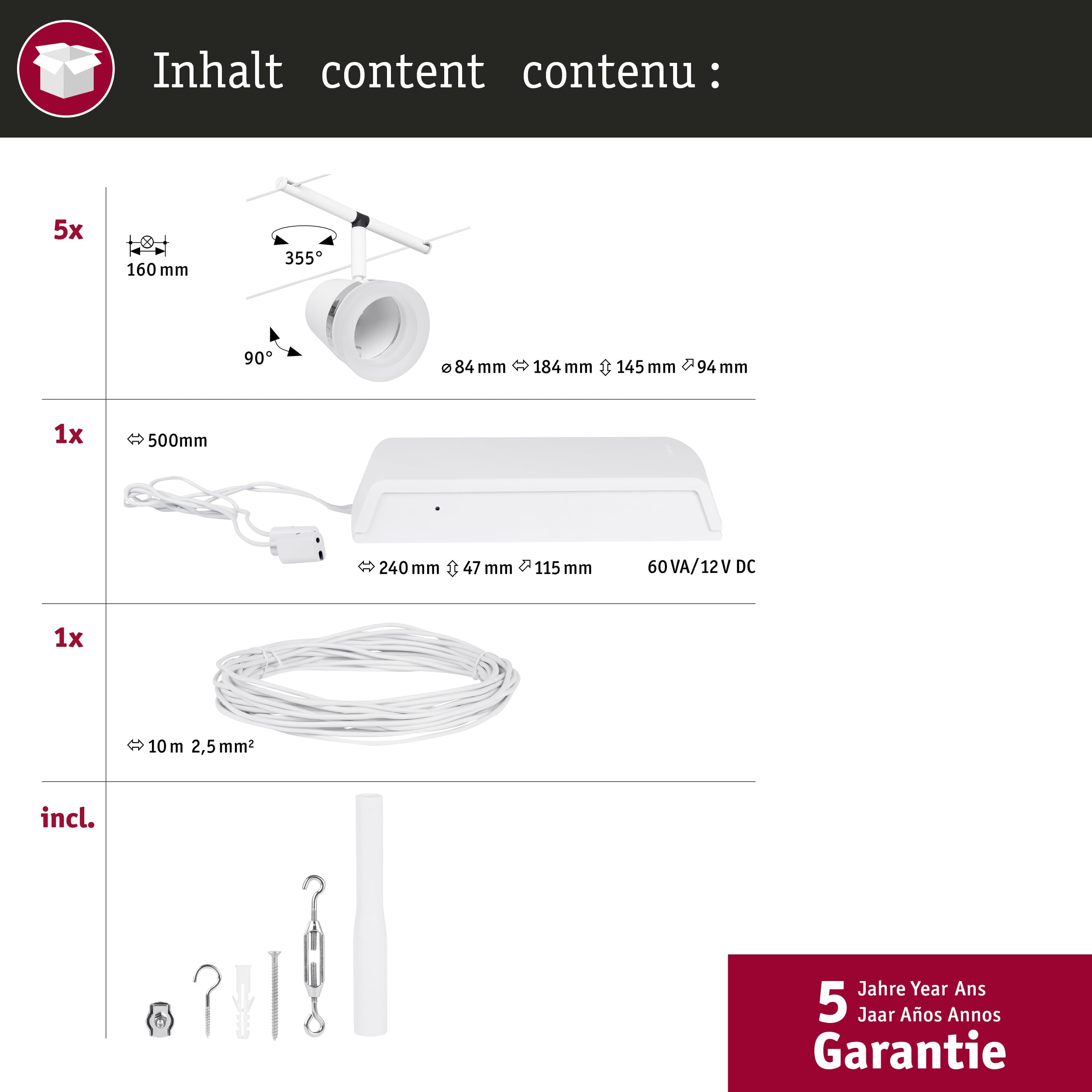 Paulmann 94461 CorDuo Set de base Système de Câbles Cone DC 5 x 10 watt max, Éclairage Extensible Blanc Mat Câble Matière Plastique GU5,3 Système de Câbles sans Ampoules