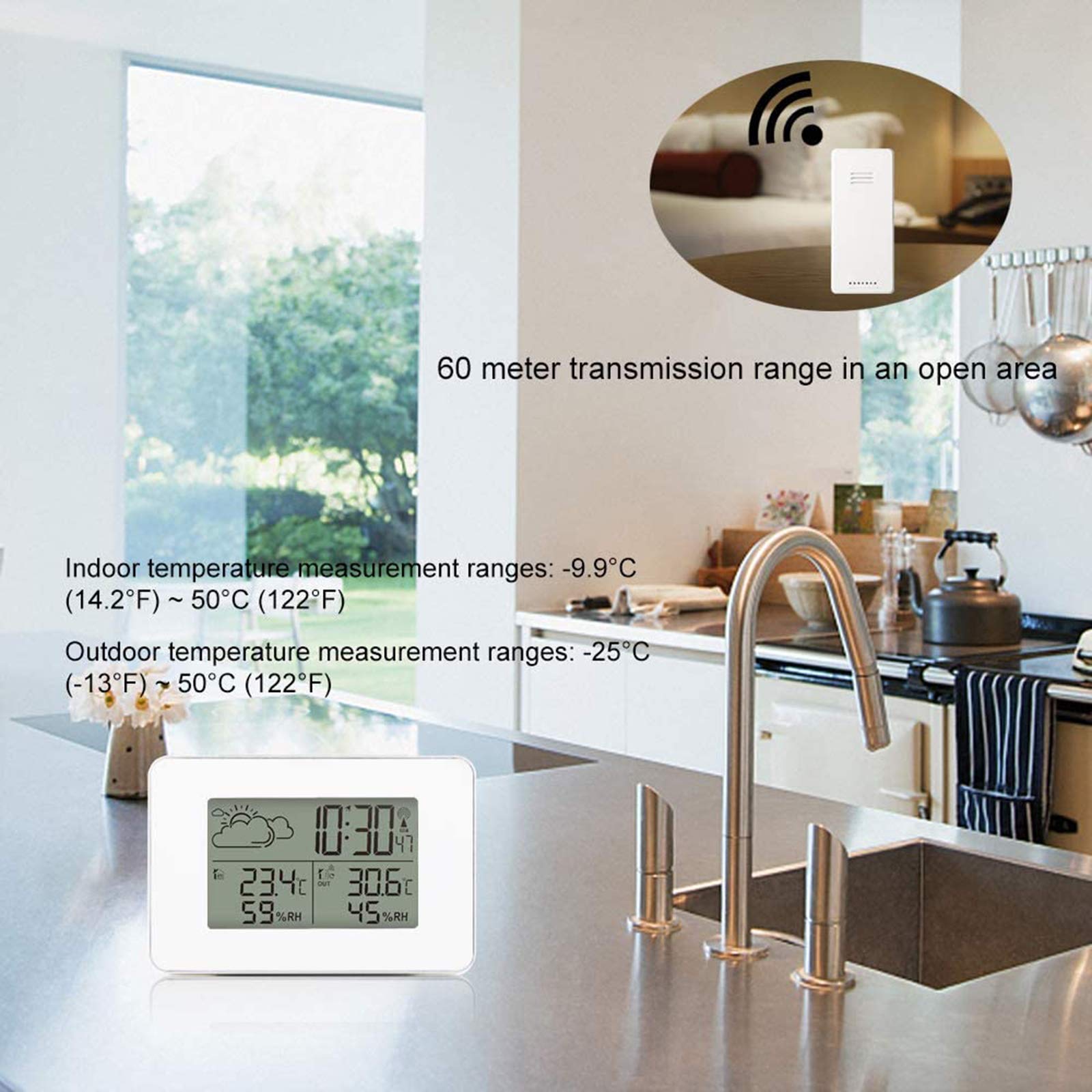Bezprzewodowa stacja pogodowa z czujnikiem zewnętrznym, budzikiem, alarmem, czujnikiem temperatury LCD