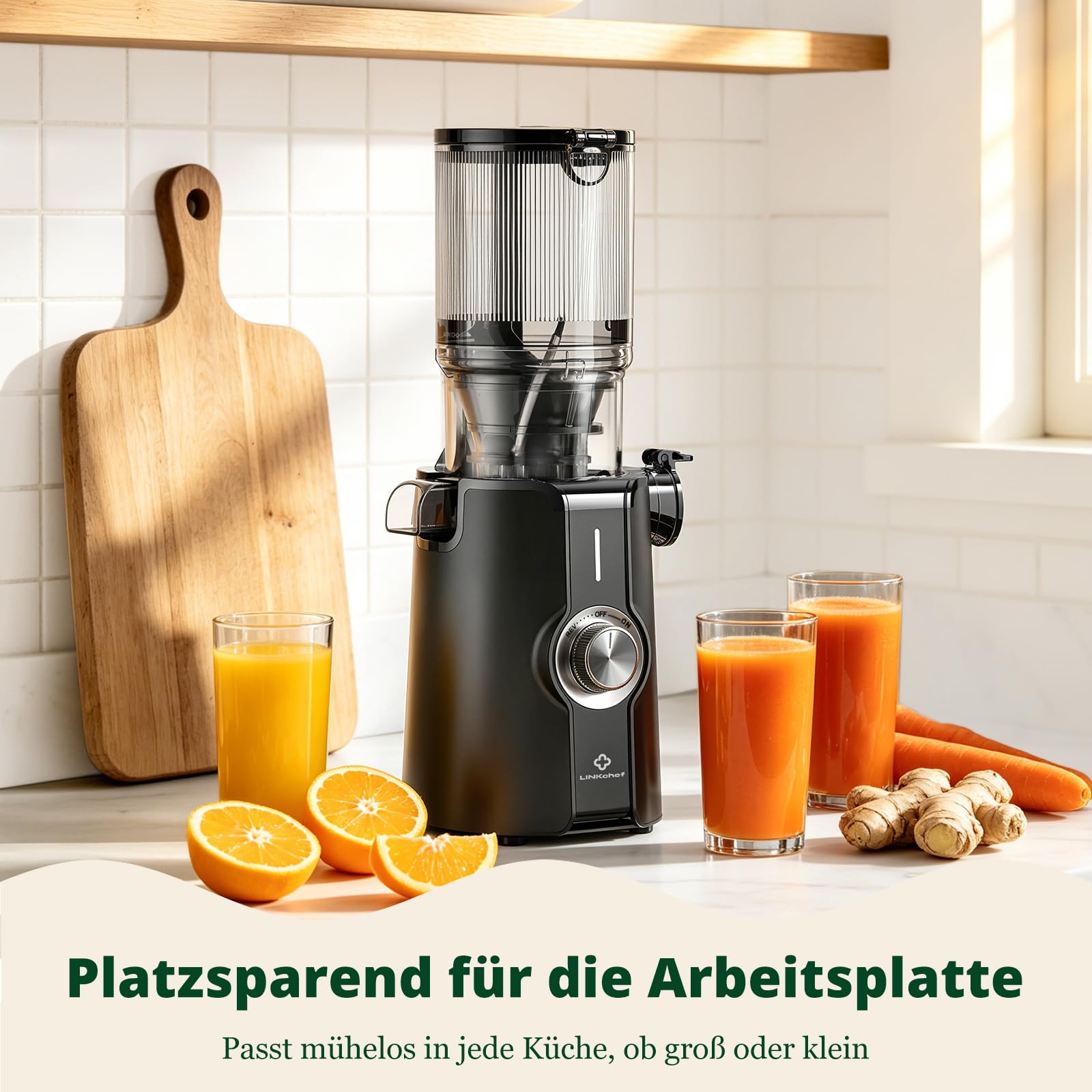 LINKChef Entsafter Slow Juicer, 115 mm Große Einfüllöffnung für Entsafter Gemüse und Obst Testsieger, Kaltentsafter 200W, BPA-frei, Einfach zu Reinigen und Montieren, Schwarz