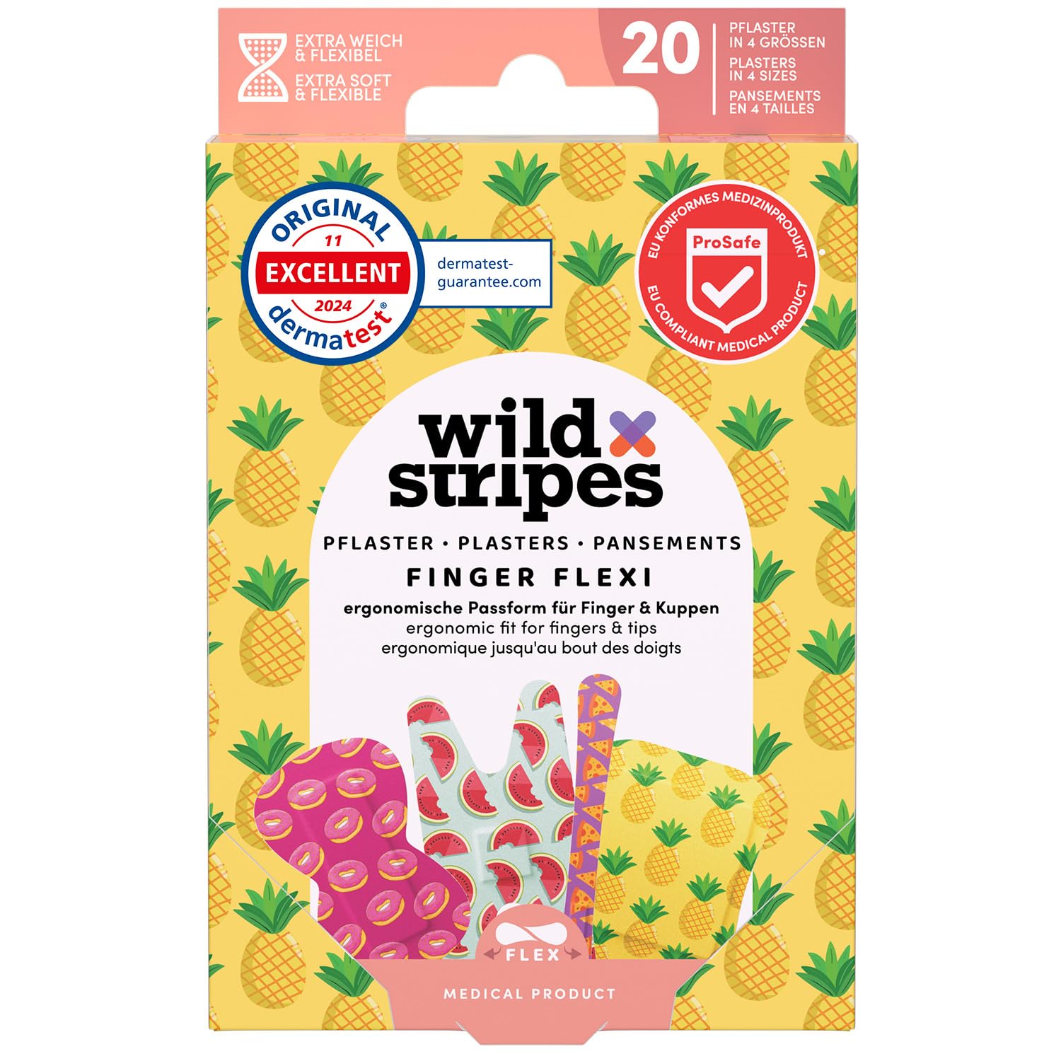Wild Stripes Set di Cerotti Impermeabili I Finger Flexi Food I Delicati Sulla Pelle I Forma Ergonomica I Protezione 24 Ore I Resistenti All'Acqua per Doccia I 20 Unità