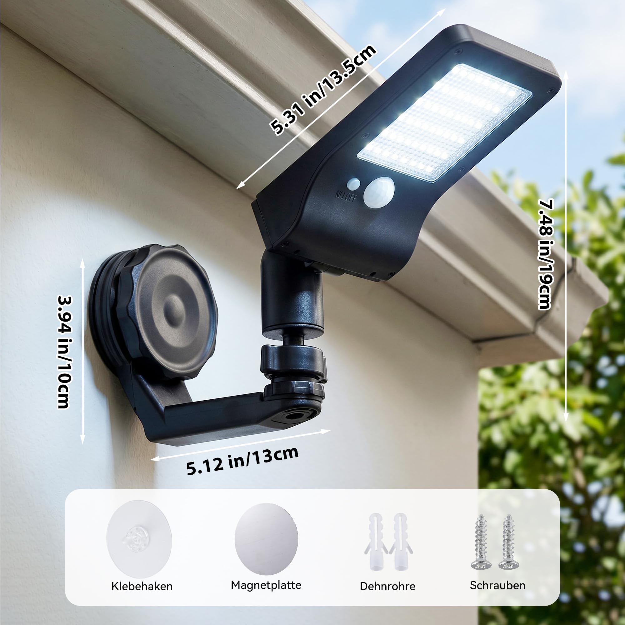 Außenlampe mit Bewegungsmelder Solarleuchte Außen Magnetisch Ohne Bohren | 700LM Wandleuchte 3 Lichtmodi, Magnetisch ohne Bohren 360° Verstellbar IP65 Wasserdicht für Zaun Garage Wohnmobil 4 Stück