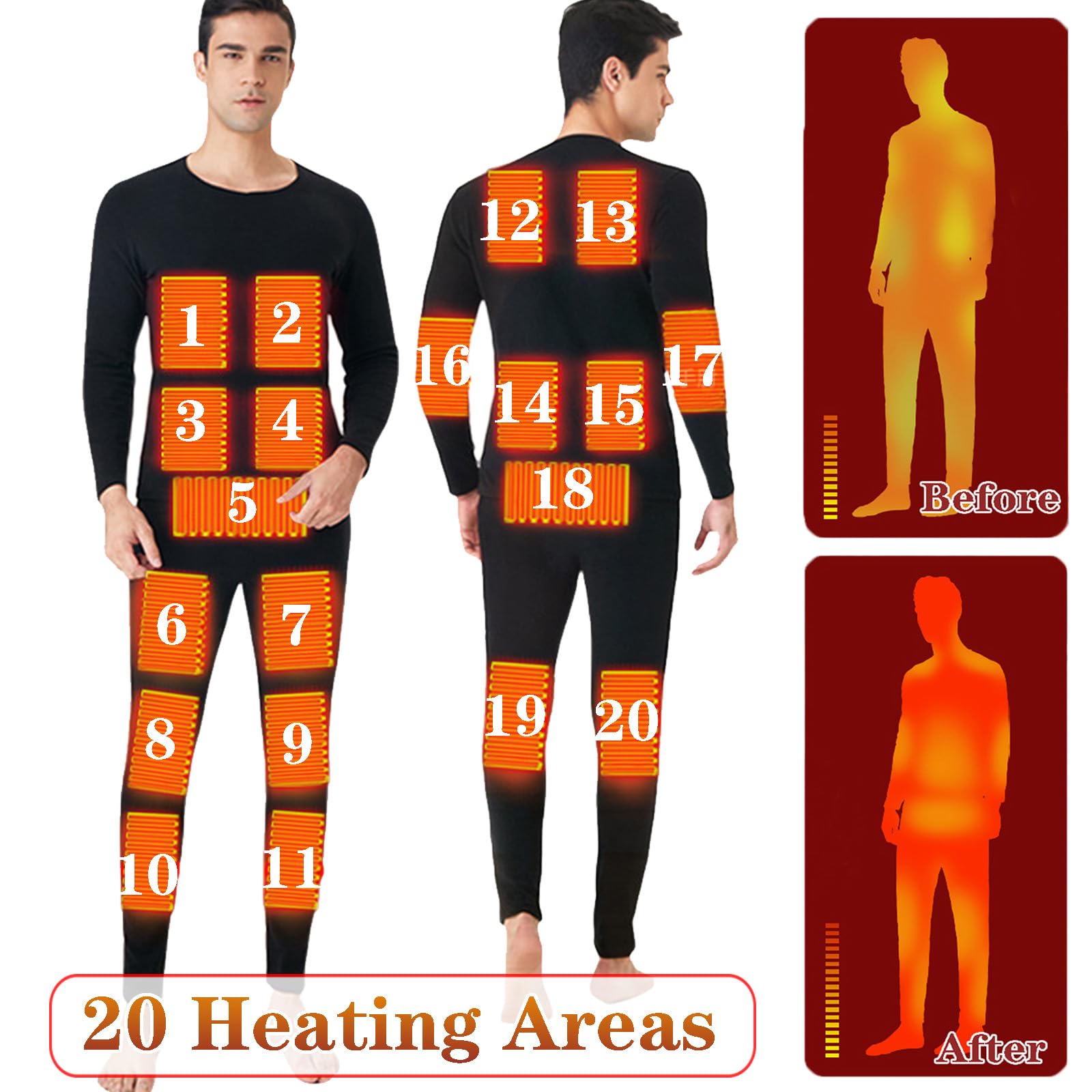 Herren Beheizte Thermische Unterwäsche Set, App Control 20 Bereiche Heizung USB Winter Warme Shirt & Hosen, Fleece Gefüttert Basisschicht