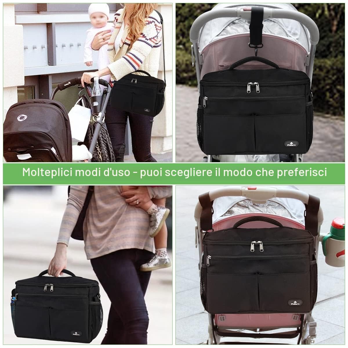 PHILORN Borsa per Passeggino con Portabevande Isolato, Tracolla, Grande Capacità, Universale, Nero