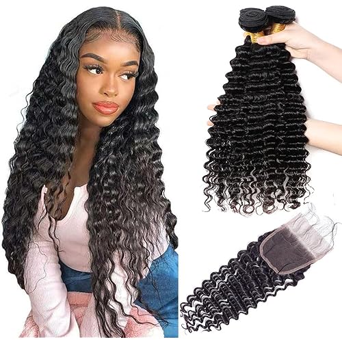 Deep Wave Bundles with Closure Human Hair 14 16 18 inch Human Hair Bundles with Closure 5x5 HD Lace Closure Free Part 12 inch 100% Unprocessed Virgin Hair Bundles with Closure Deep Wave