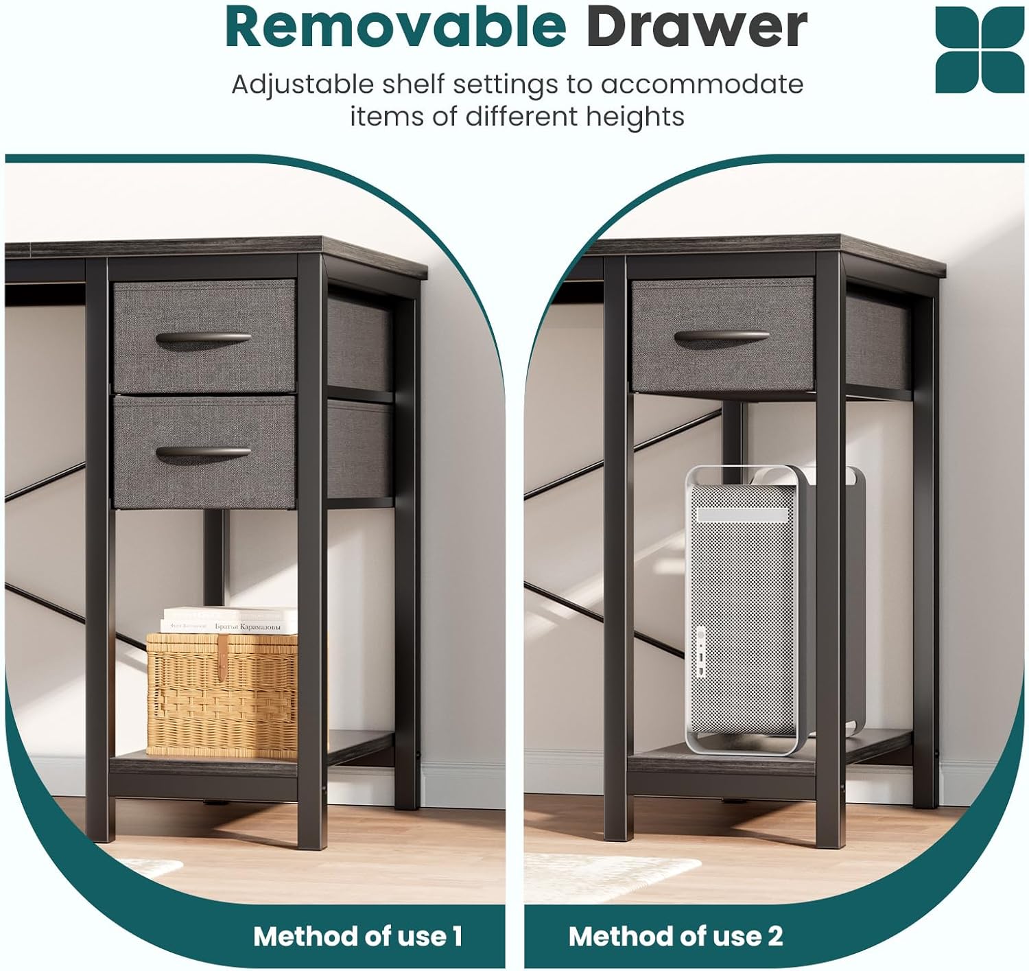 Demonstration of the removable fabric drawers and adjustable shelf settings of the SMUG desk.