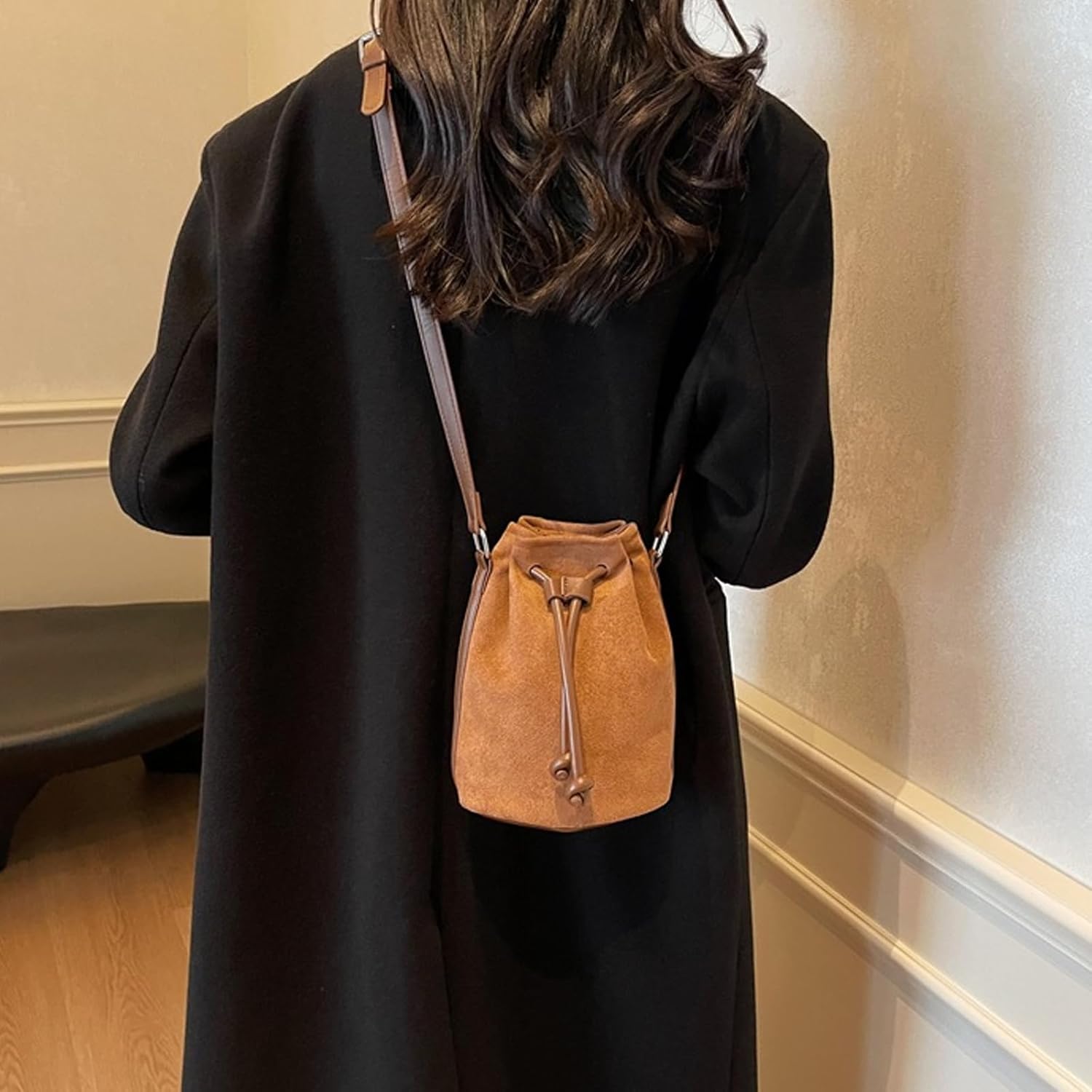 Retro Suedes Bucket Bag With Adjustable Drawstring Closure Fashion Crossbody Bag Phone Pouches For Everyday Essential - Image 8