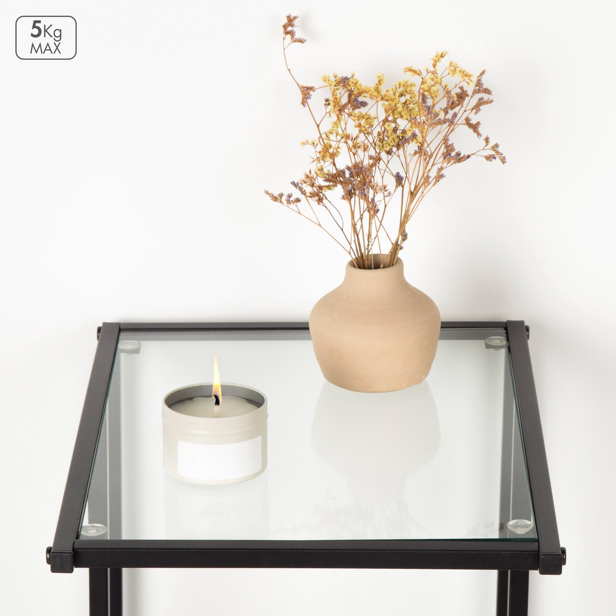 AKTIVE Tavolino Max Home, 40x30x59 cm, Portata massima 5 kg, Forma a C, Tavoli in vetro, Struttura in metallo nero, Decorativo, Soggiorno, Camera da letto, Moderno (18502)