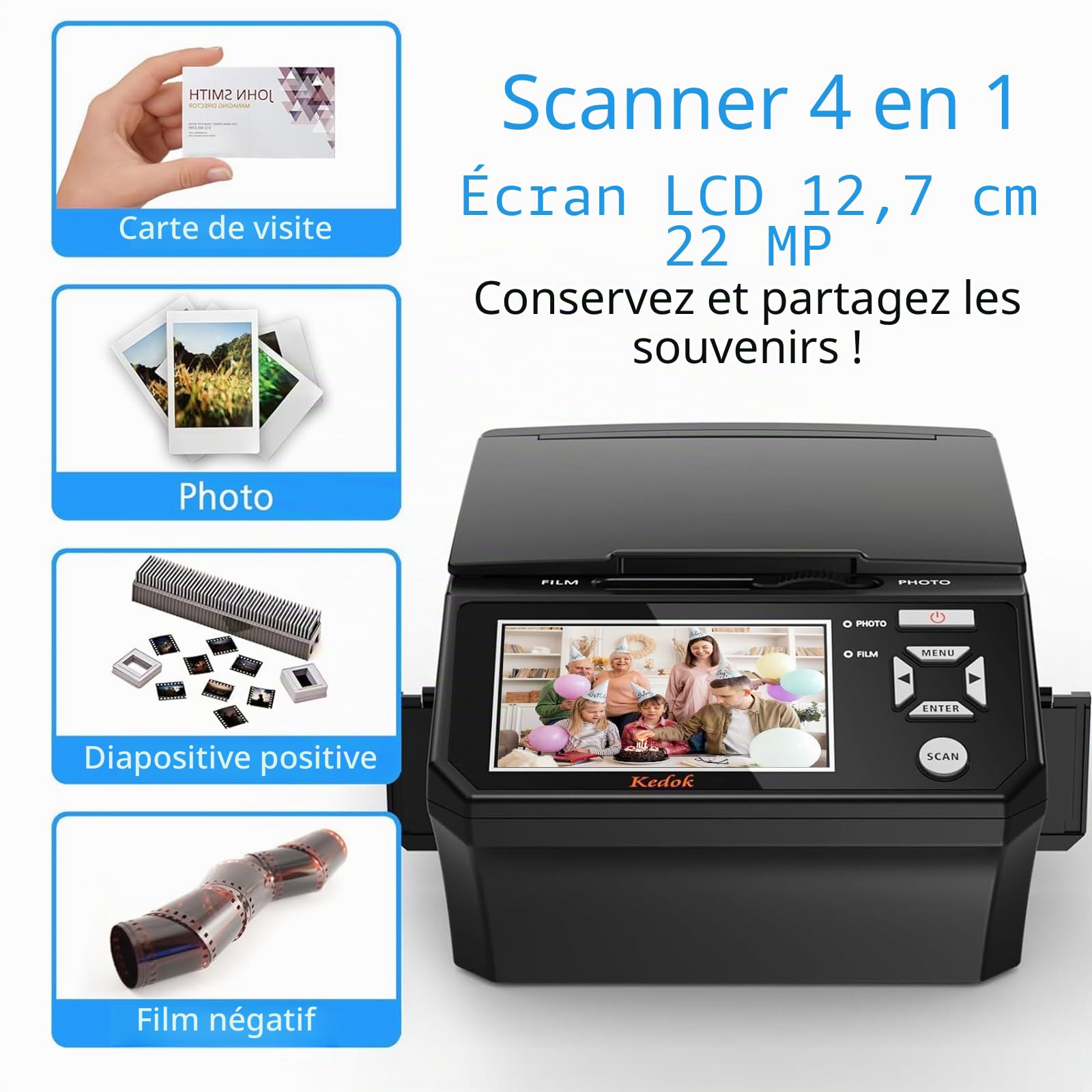 Scanner de films et de diapositives numériques avec écran LCD de 5 pouces, convertit des films 35 mm et 110 mm, photos et cartes de visite en JPEG haute résolution 22 MP