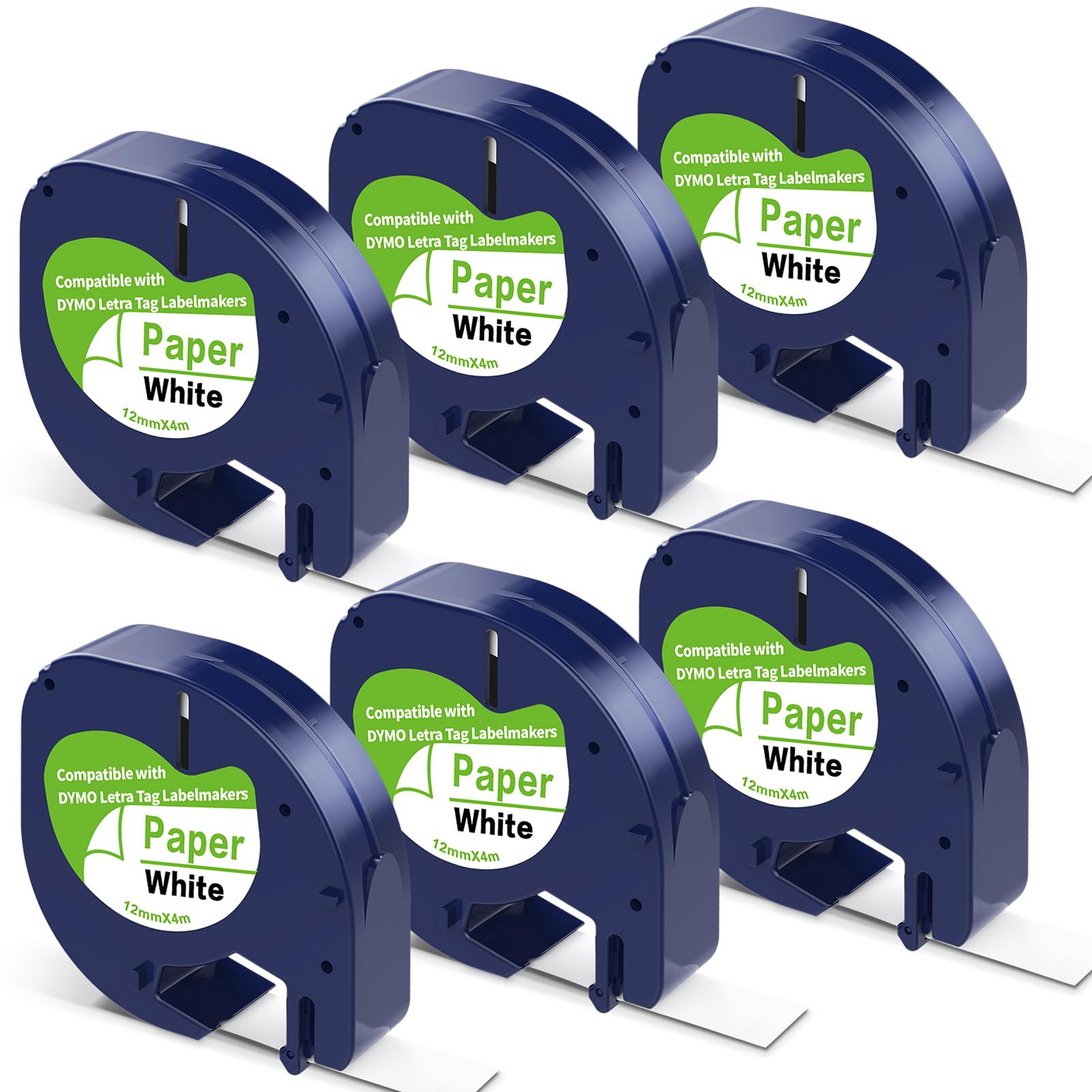 6 X Compatible with DYMO Letratag Label Maker Refills, White Paper Replacement for DYMO Letratag Refills 91331 S0721660, Black on White 1/2" x 13 feet Label Maker Tape for LT-100H LT-100T 200B QX50