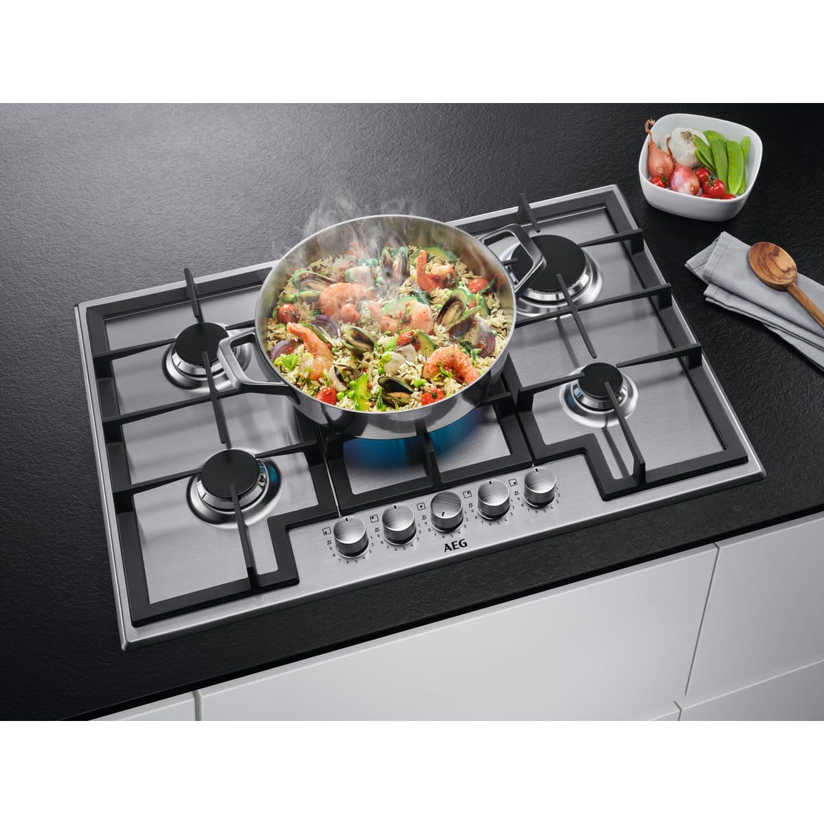 AEG HGB75400SM Piano Cottura a Gas da Incasso 75 cm, 5 Fuochi con Speed Burner e Bruciatore Wok, Griglie in Ghisa, Sistema di sicurezza, Design Professionale, Acciaio Inox