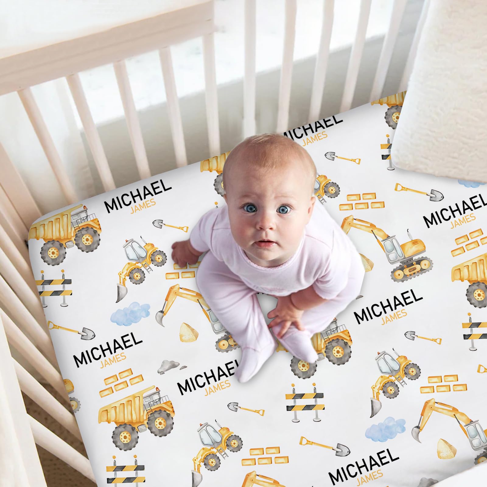 Personalized Baby Crib Sheets for Boys, Custom Fitted Crib Mattress Sheets with Name, Construction Baby Bedding Sheets Sets, Soft Baby Sheets for Standard Crib Toddler Mattresses Sheet