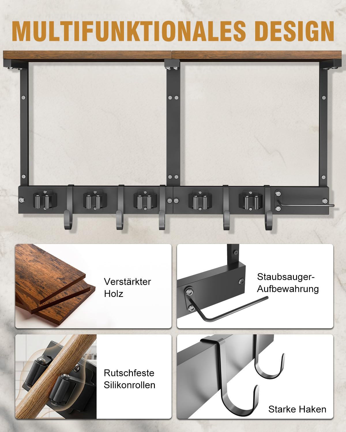Soporte escobas pared con estante superior de madera, organizador metálico resistente para útiles de limpieza con soporte para aspiradora, 5 soportes y 5 ganchos para lavadero, trastero (grande)
