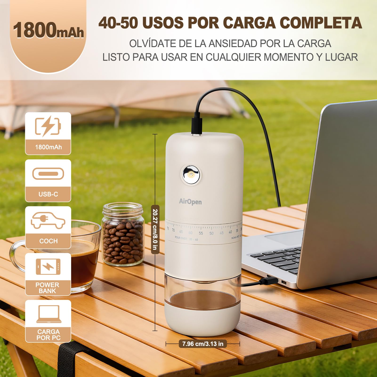 Molino de café eléctrico de acero inoxidable - Equipado con un mecanismo de molienda de cerámica ajustable para espresso, cafetera a pistón y filtro de café - Ideal para viajes, camping y casa.