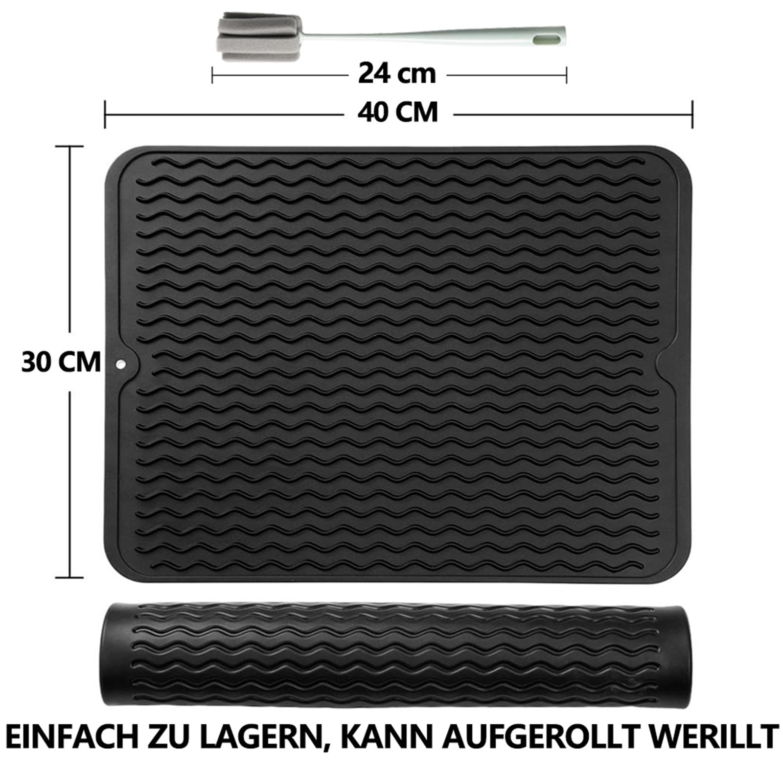Tappetino scolapiatti in Silicone - 40 x 30 cm Grande Tappetino Antiscivolo scolapiatti, Senza BPA, Tappetino scolapiatti Arrotolabile con Spazzola per la Pulizia in Spugna