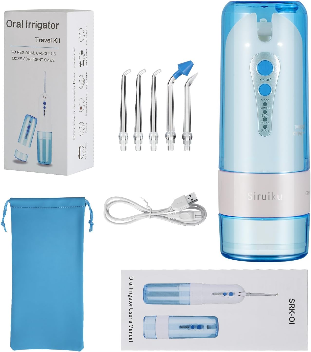 Siruiku Portable Rechargable Water Pics Flossers Cordless with 3 Opertaion Mode and 5 Replace Water Flossing Tips