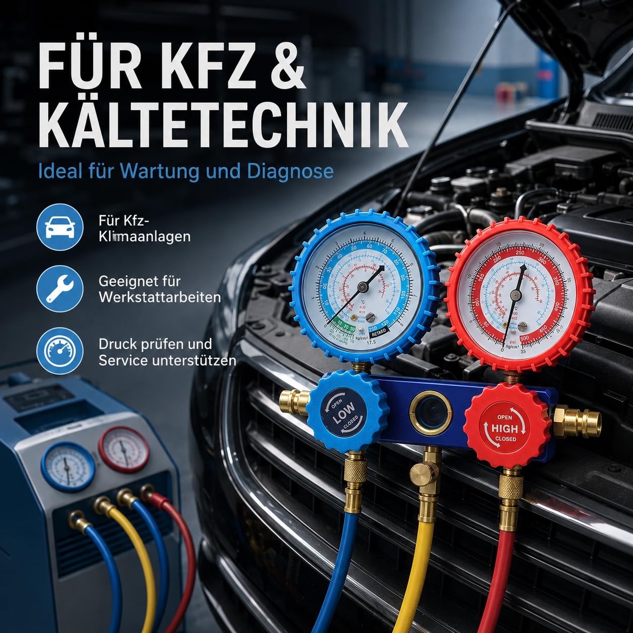 Klima-Monteurhilfe-Set mit 2 Manometern, 1/4-Zoll-Anschluss und 1,5-m-Schläuchen, für R134a, R22 und R410A
