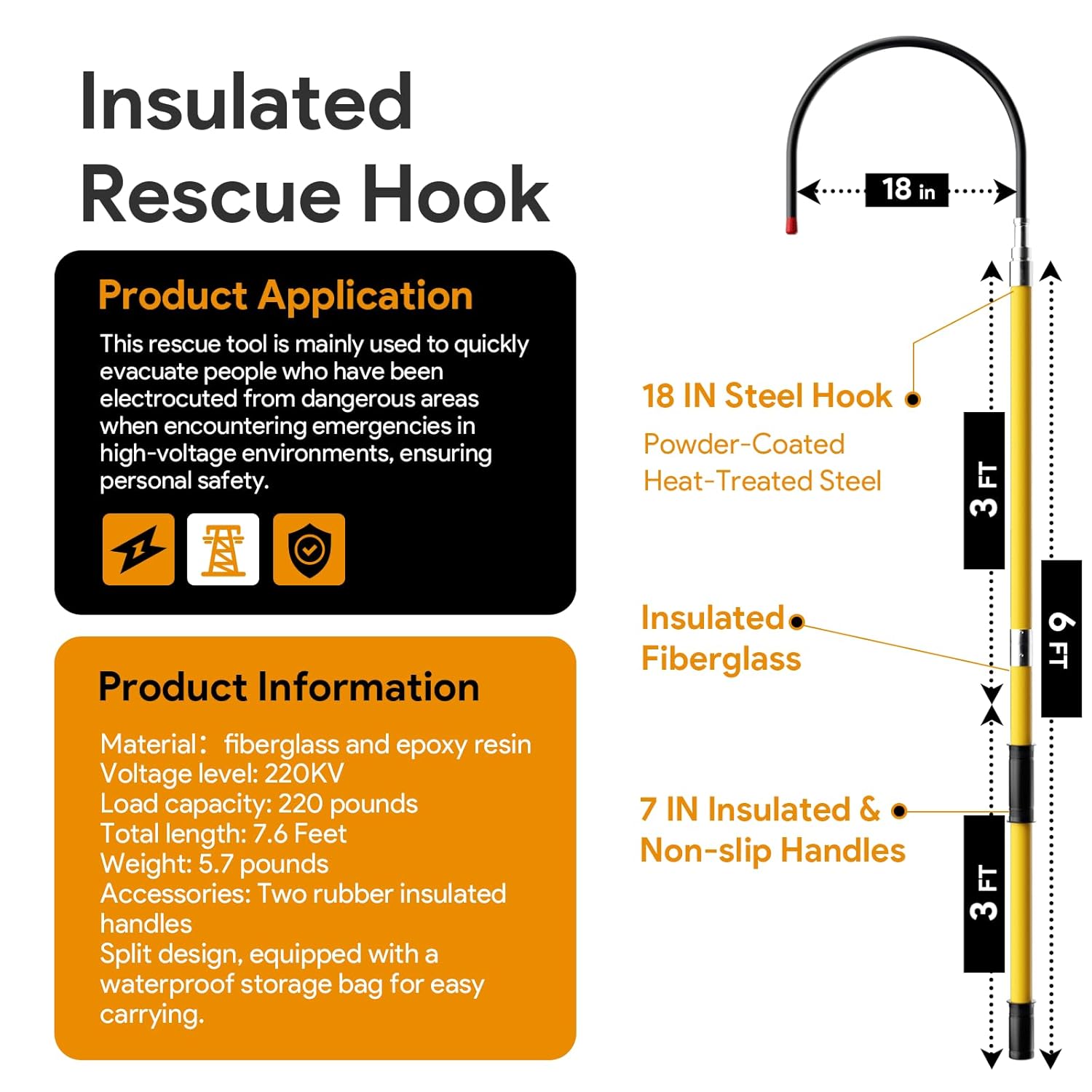 220kV 7.6FT High-Voltage Insulated Rescue Hook | Insulating Voltage-Resistant Fiberglass Rod | 18-in Detachable Hook/Storage Bag/nsulated Handle, for substations/fire Protection/Construction (Yellow)