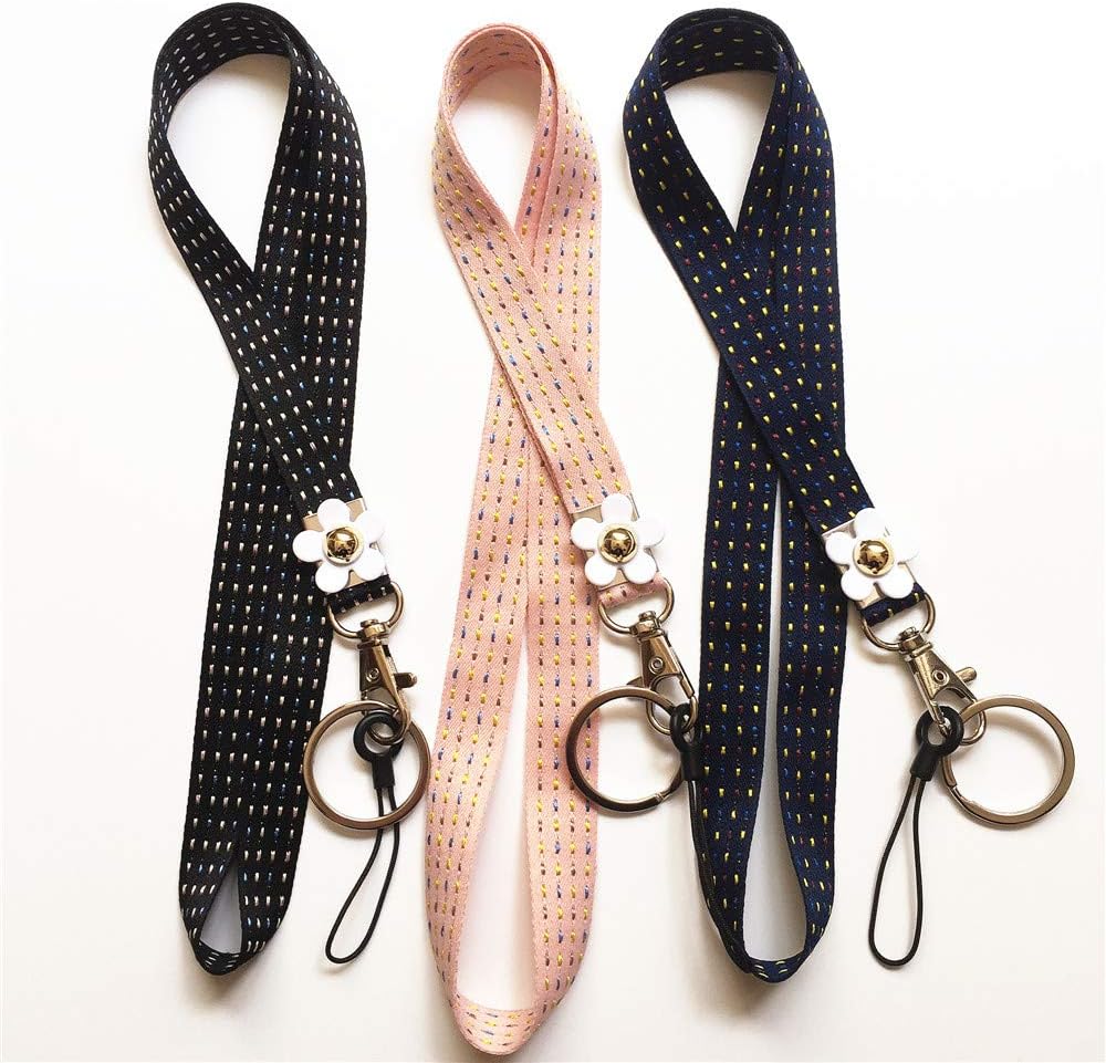 Lanyard Home 3 Pcs Pack Women's and Girl's Hipster Stripe Fabric Neck Lanyard Keychain with Daisy Ornament,Strong Clip and Key Ring,for Keys,Cell Phone,ID Cards,USB and Others (Black/Navy/Pink)