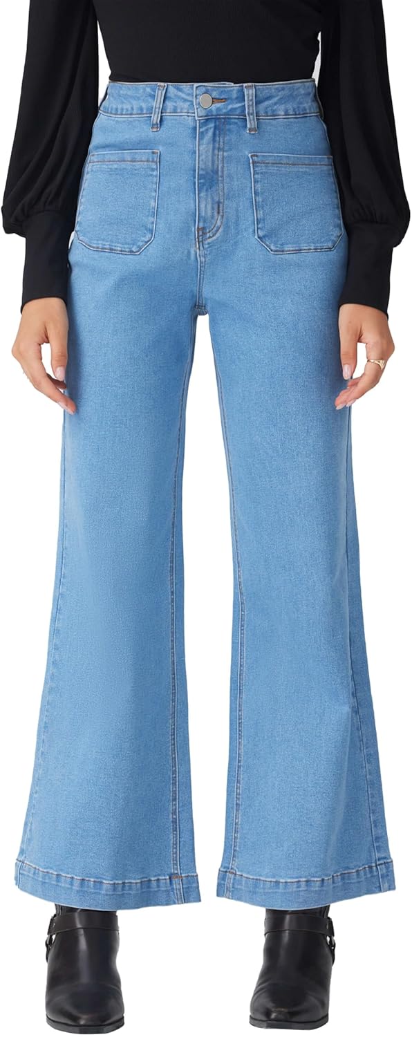 CIDER Womens Wide Leg Jeans Cropped Length High Waisted Stretchy Denim Flared Pants with Pockets - Image 3