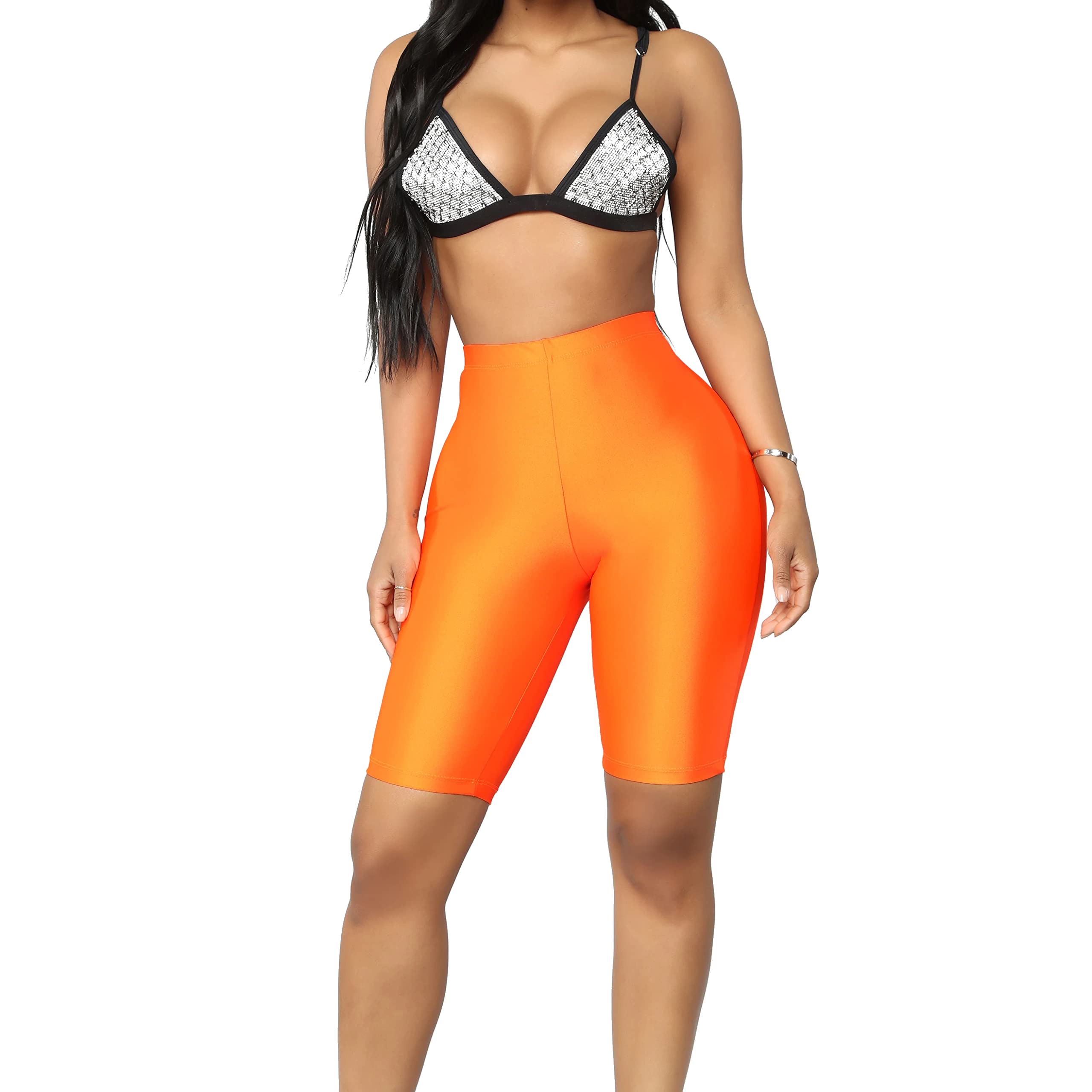 SUNFEXOY Biker Shorts for Women,High-Waisted Shiny Neon Bright Active Workout Yoga Pants Running Shorts Knee Length