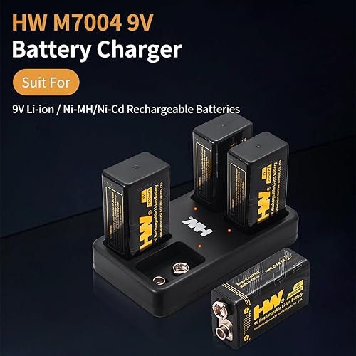 Miniatura 4 de HW Baterías recargables de 9 V, paquete de 4 baterías recargables de iones de litio de alto rendimiento de 9 voltios con cargador, recarga hasta