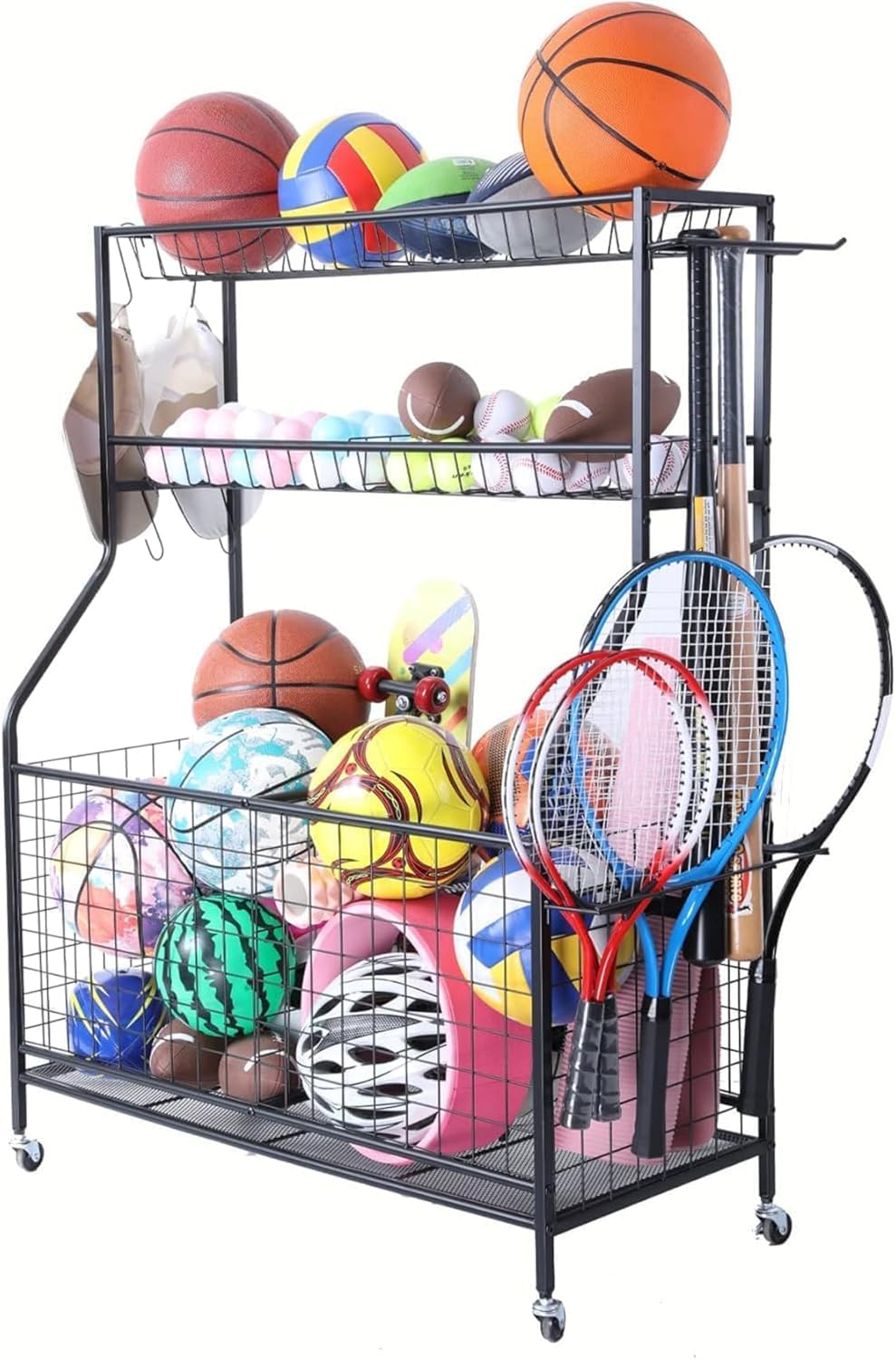 Étagère de rangement pour équipements sportifs en acier au carbone – 2 paniers, 2 roues verrouillables – Organisateur stable pour homegym, garage, articles de sport scolaires