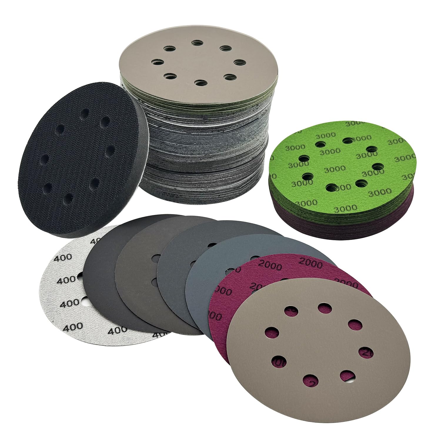 5 Inch Sanding Discs 140pcs Hook and Loop 8 Holes Wet Dry Sandpaper with 1pcs Interface Pad, Grit400 600 800 1000 1500 2000 3000 Orbital Sander Pads