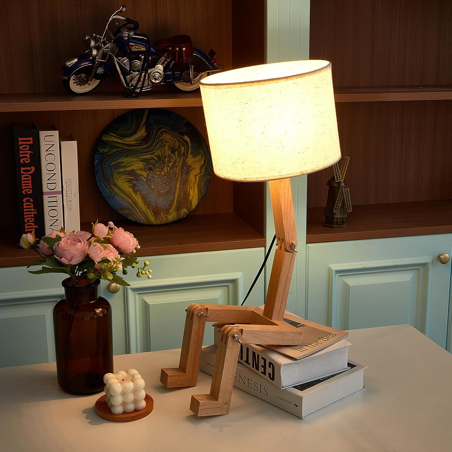 Kittmip Robot Cute Desk Lamp Novelty Wooden Creative Table Lamp with