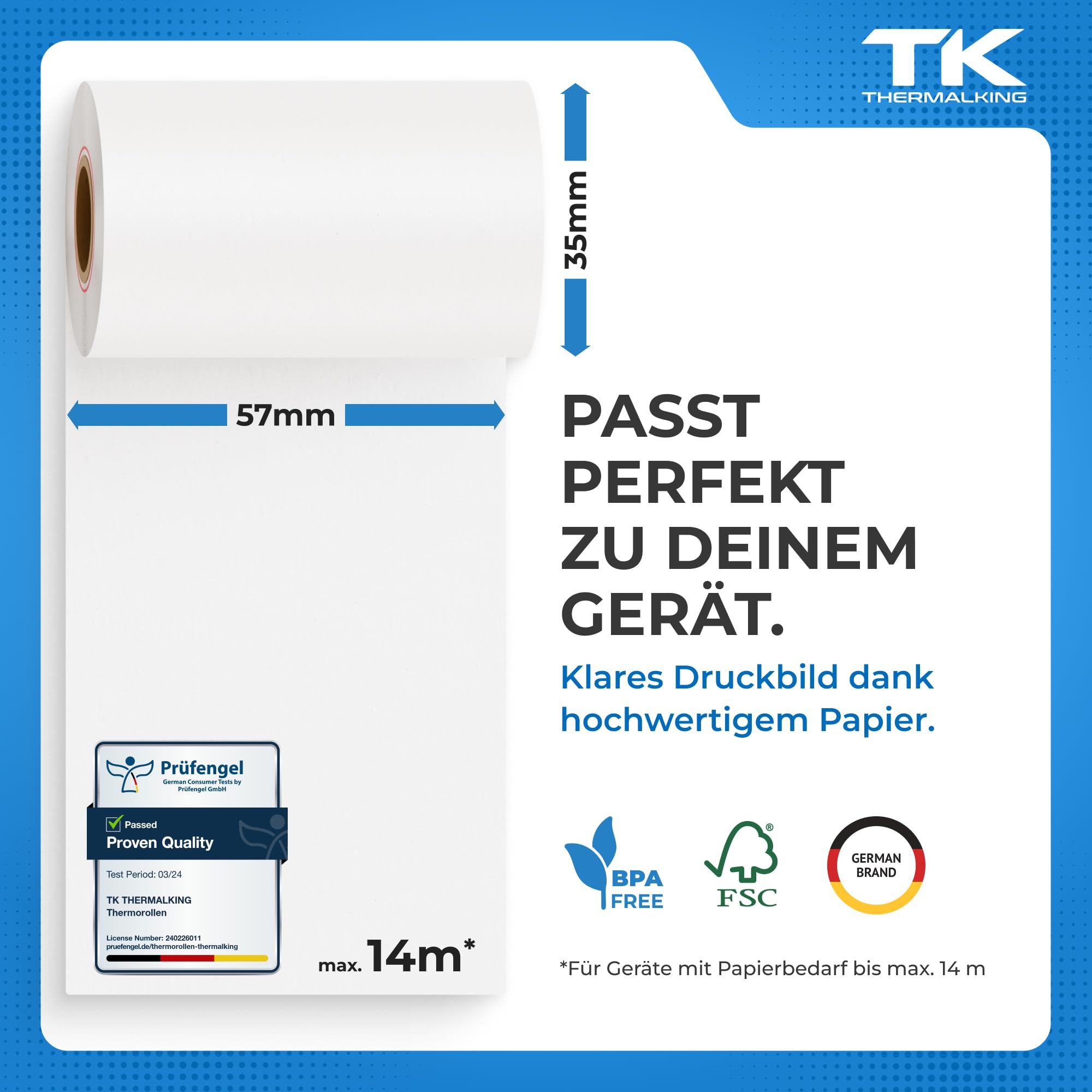 THERMALKING EC Cash Rollen Thermopapier 57mm x 35mm x 12mm - Thermorollen 57x35x12 für EC & Kredit-Kartenlesegeräte - Thermal Rolls for EC Device - Für Systeme bis 14m Papierbedarf (50 Stk)