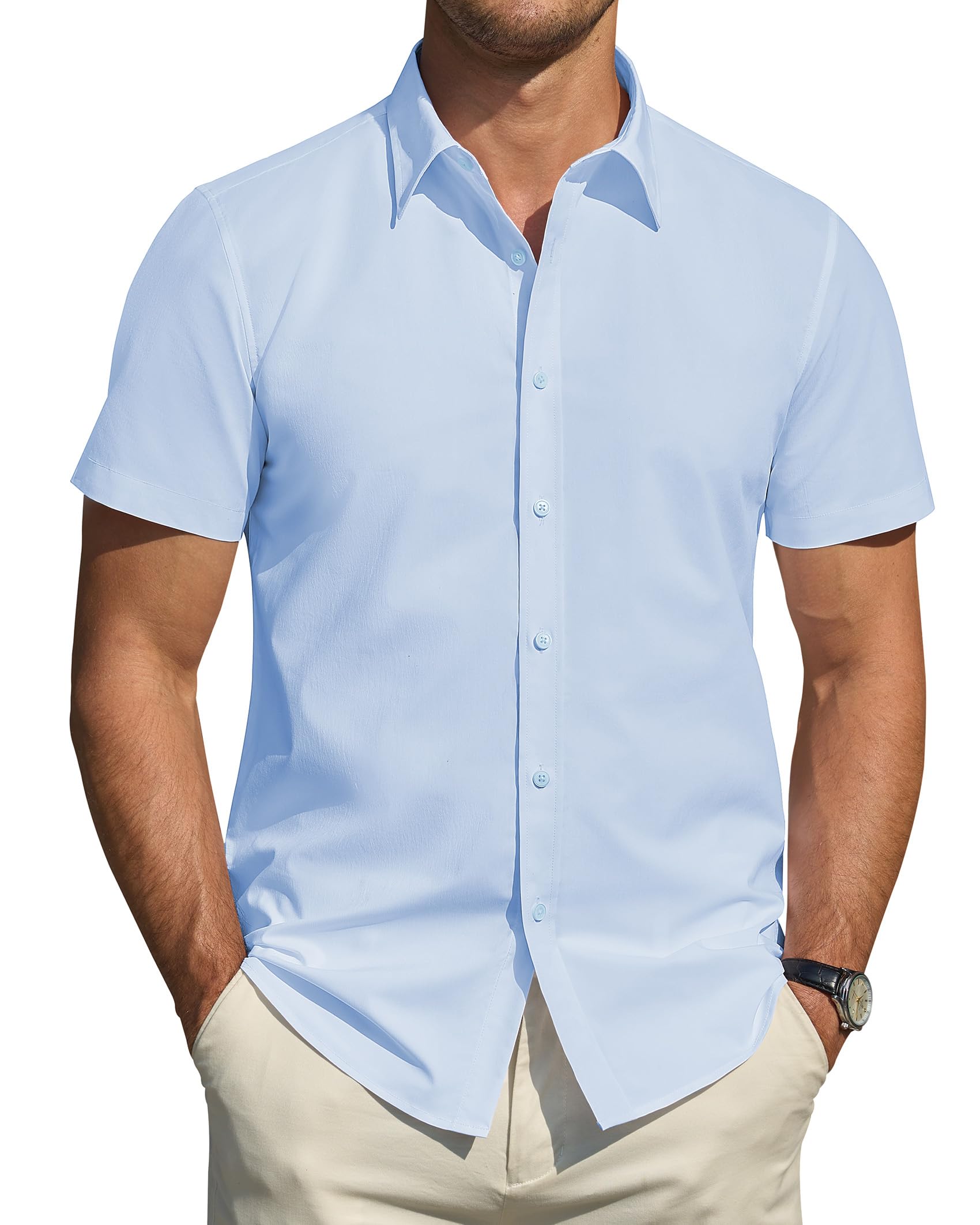 3XL LETSEE Men's Short Sleeve Dress Shirts Stretch Stain Shield Casual Button Down Shirts Solid Formal Shirt