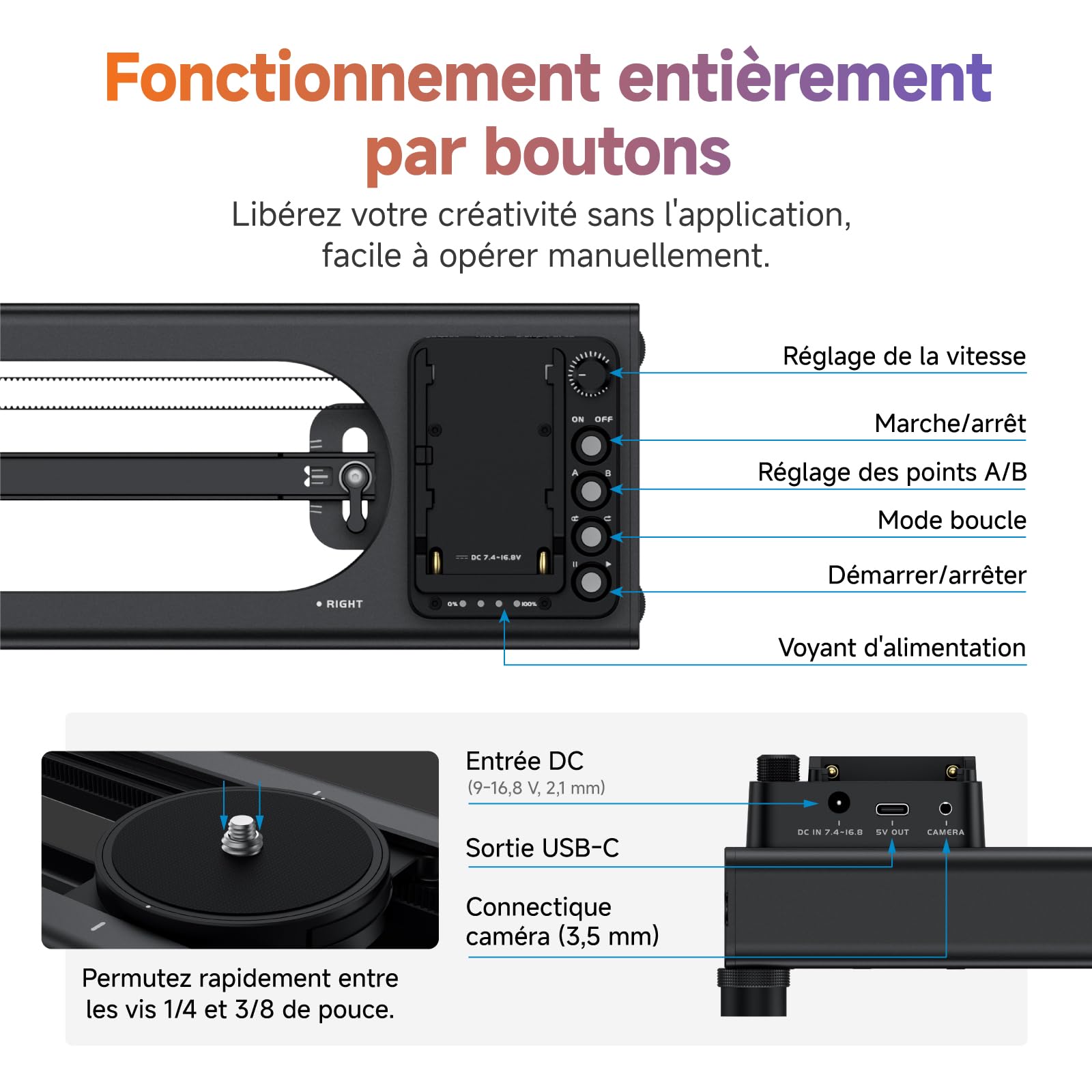 Toprig 23.6"/60cm Slider Motorisé pour Appareil Photo – Rail de Caméra avec Moteur sans Balais, Contrôle Bluetooth, Time-Lapse, Points A/B, Charge 4kg, Silencieux – pour Vidéo Professionnelle, Cinéma
