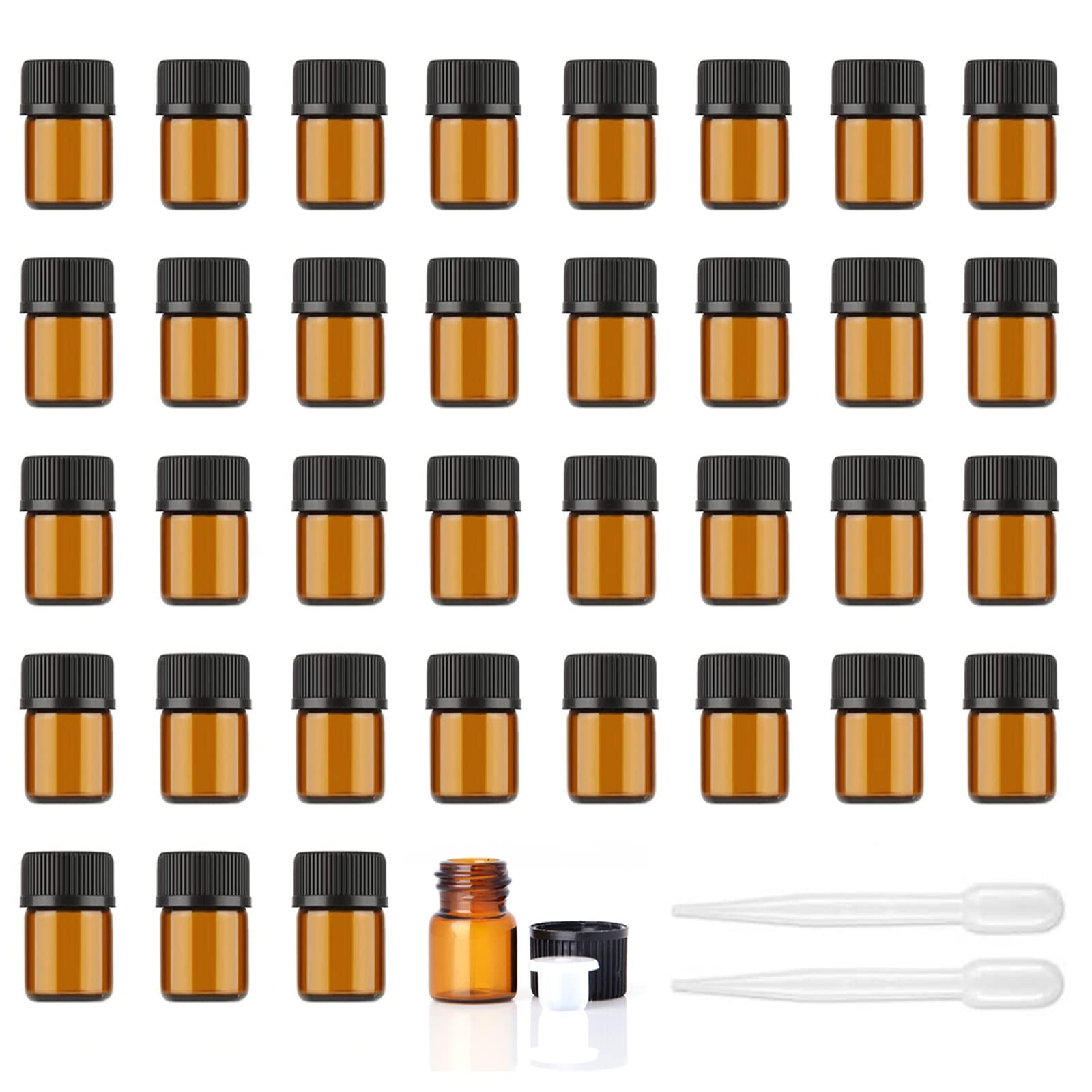 Alledomain Black 36Pcs 1Ml Amber Glass Essential Oils Bottles, Empty Mini Bottles With Orifice Reducers Caps Refillable Sample Container For Essential Oils Lab Chemicals Perfume Cosmetic Liquid