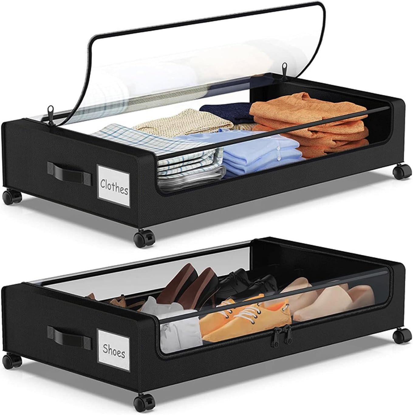 HURRISE Under Bed Storage with Wheels,Under Bed Storage Containers, Under Bed Shoe Storage,Foldable Bedroom Under Bed Rolling Storage for Bedroom Clothes Shoes Blankets Toys (2pcs)