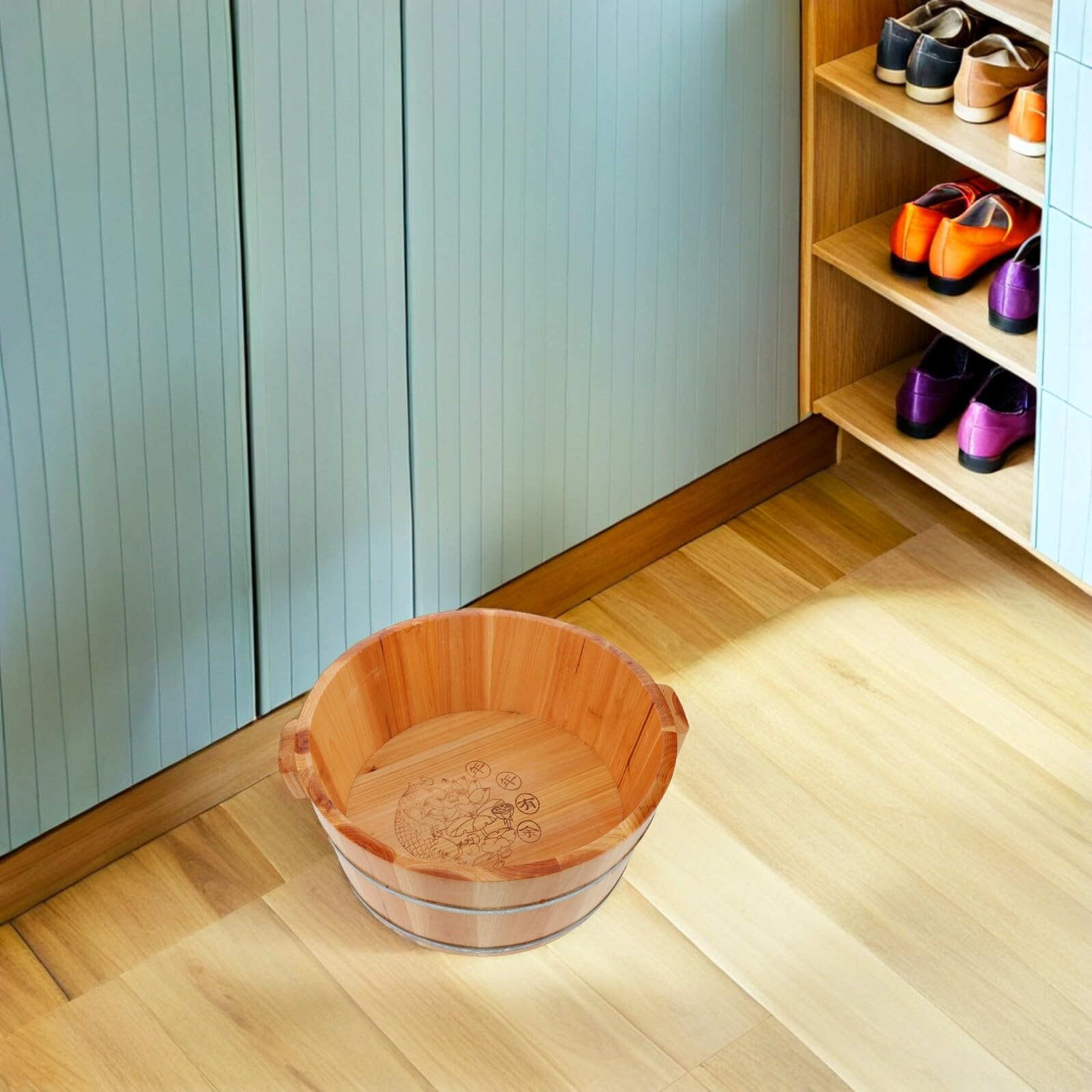 Hohopeti Fußbadfass aus Massivholz 36cm Durchmesser Tiefes Spa Fußbadbecken mit Ergonomischen Griffen Tragbare Fußwanne zur Muskelentspannung und Durchblutungsförderung