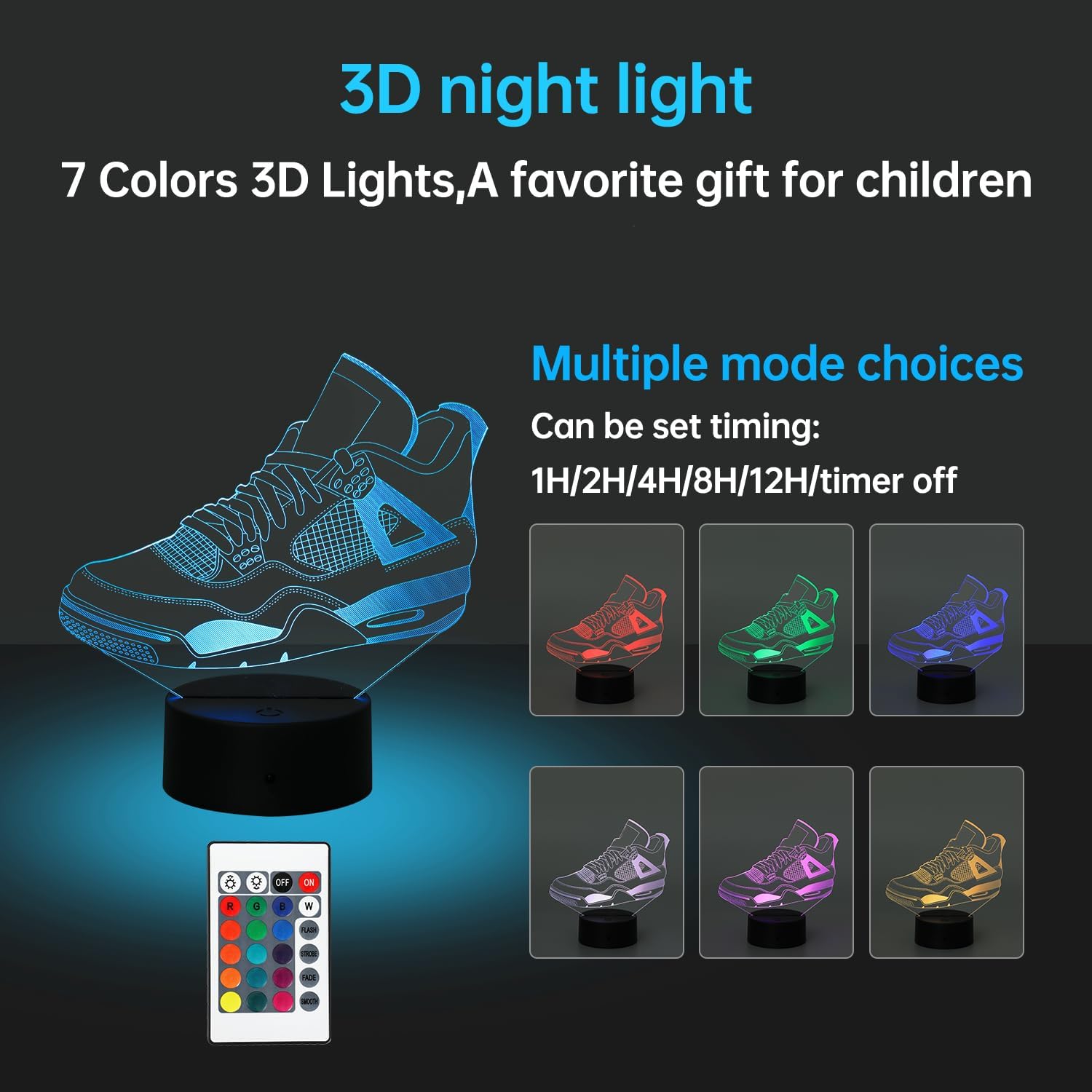 3D Sneaker LED Night Light, 7 Colors Changing Lamp with Remote Control, USB or Battery Powered, Kids Room Decor