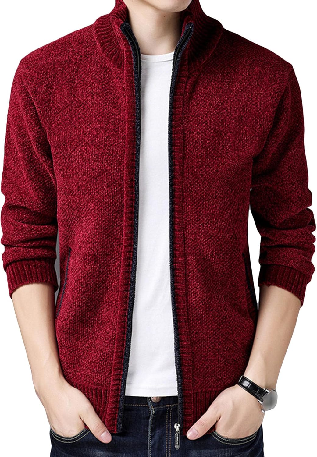 Mens Stand Collar Cardigan Sweaters Slim Fit Full Zip Up Cable Knit Sweater Casual Knitted Cardigans With Pockets