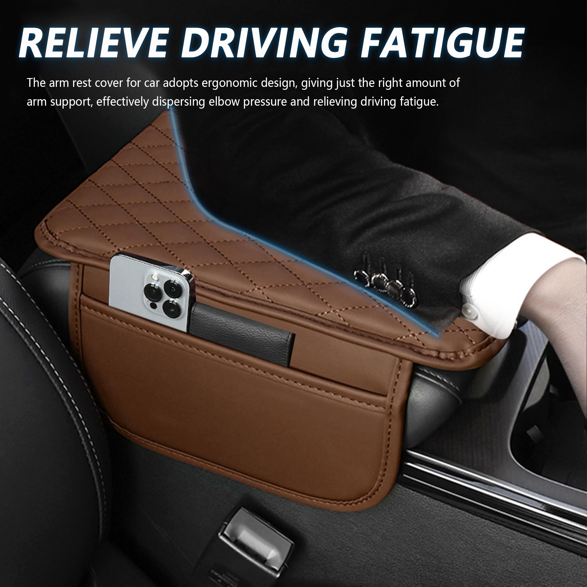 Stacool Upgraded Car Center Console Cover,Microfiber Leather Car Armrest Cover Cushion with 2 Storage Bags,Universal Car Armrest Storage Box (Brown) view 4