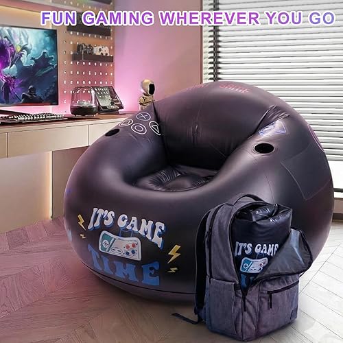 Miniatura 6 de Silla inflable para juegos para niños y adolescentes con portavasos y bolsillo lateral, puf inflable para juegos, cómodo asiento inflable para
