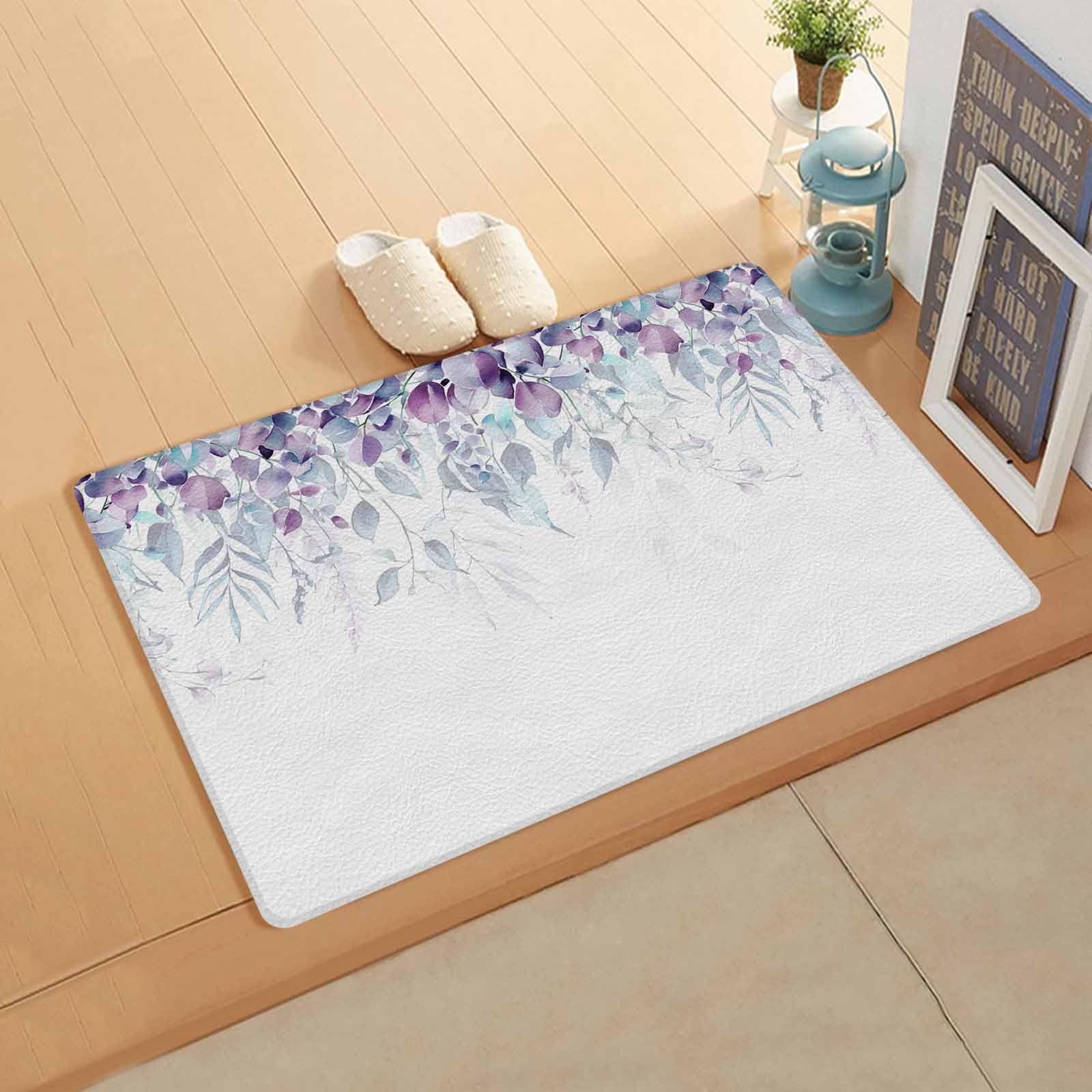 Eucalyptus Plant Kitchen Bath Door Mat Cushioned Runner Rug,Washable Welcome Floor Sink Antifatigue Mat,Waterproof & Non-Slip Comfort Standing Doormat,Gradient Purple Botanical Leaves 18