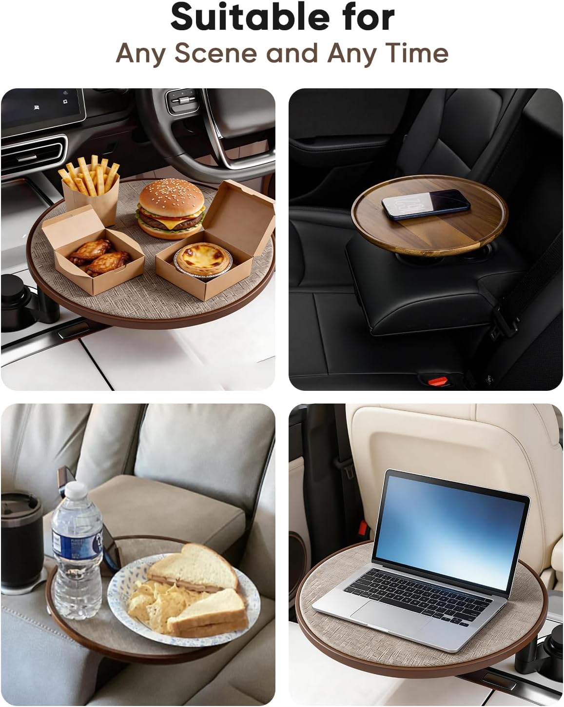 360° Rotating Wood Car Tray, Seven Sparta Car Desk for Laptop, Cup Holder Table Car Laptop Mount Desk for Women & Men Compatible with Tesla Model Y/3/S Ford & Most Vehicles Phone Holder Anti-Slip Mat