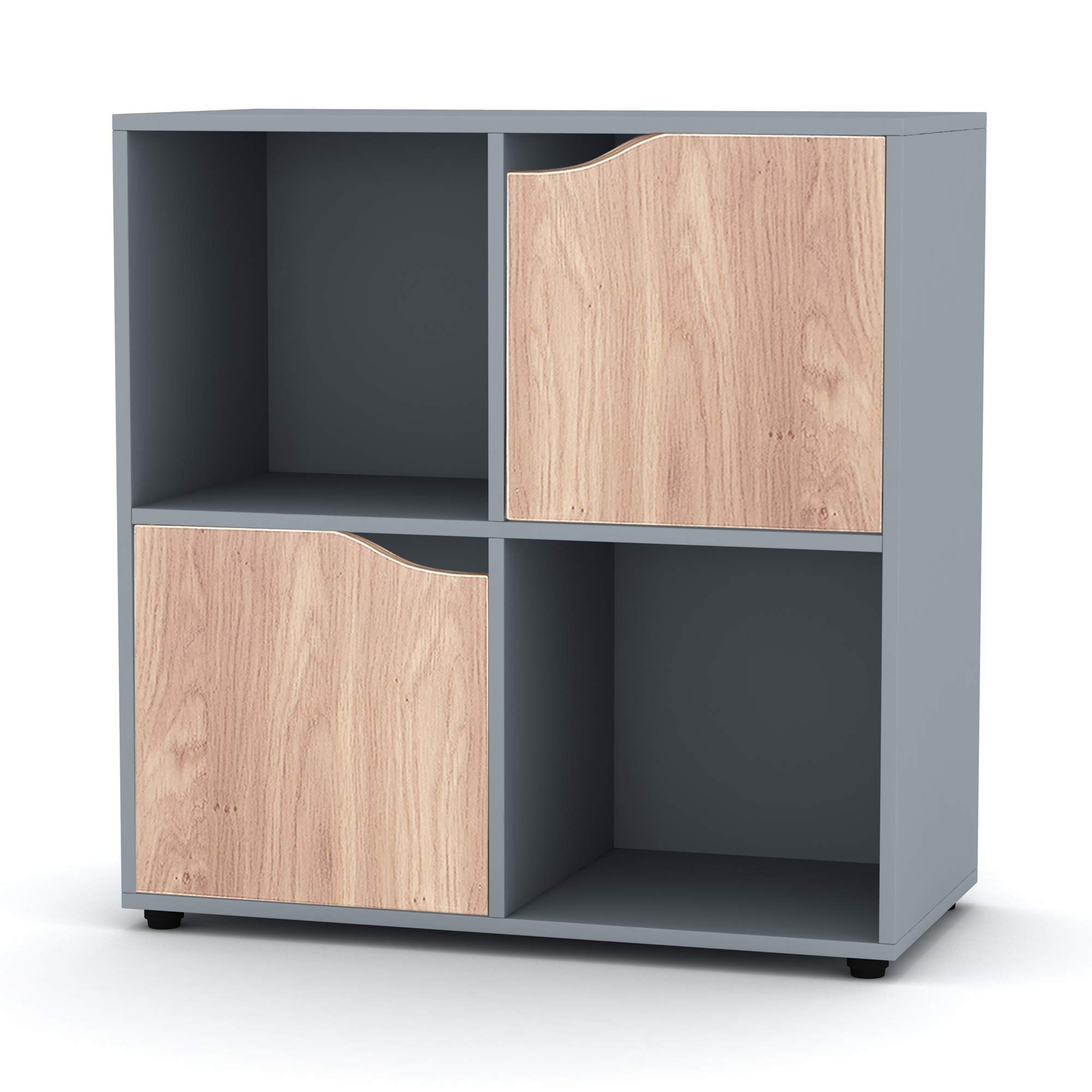 URBNLIVING Wooden Grey Cube Bookcase Shelving Display Shelves Storage Units Wood Shelf Door (Grey Bookcase And Oak Doors, 4 Cube)