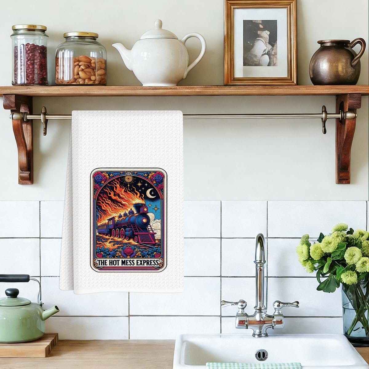 Funny Tarot Kitchen Towels, Witchy Kitchen Towels, Witchcraft Gifts, Witchcraft Supplies, Reusable Flaming Steam Train Tarot Decor Hand Towel for Holiday Home Bar Baking Bathroom Cooking image 3