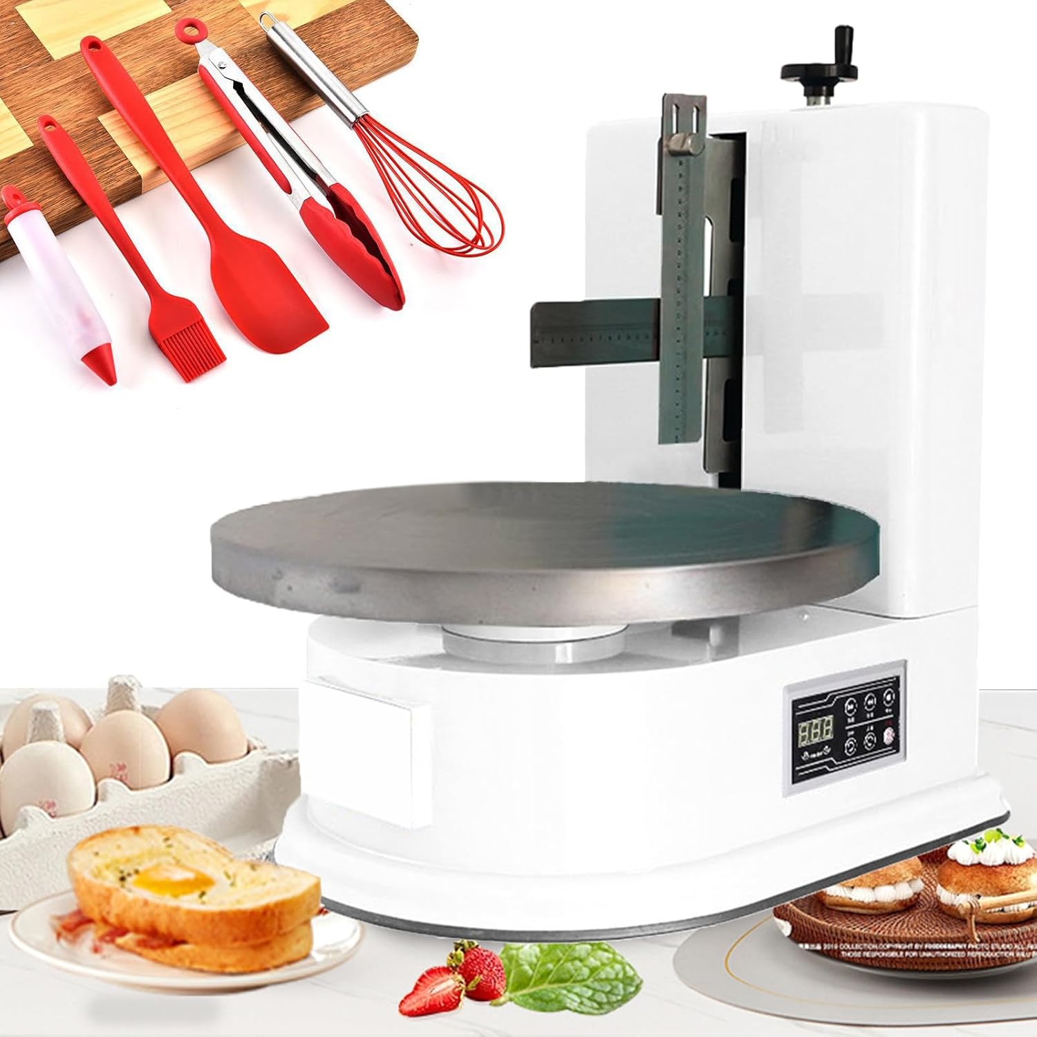 80W Electric Cake Decorating Machine with Graduated Scraper and Dia50cm Turnable, 40-180 Rpm Adjustable Cake Frosting Applicator for 4-16in Cakes, 5 Baking Tools